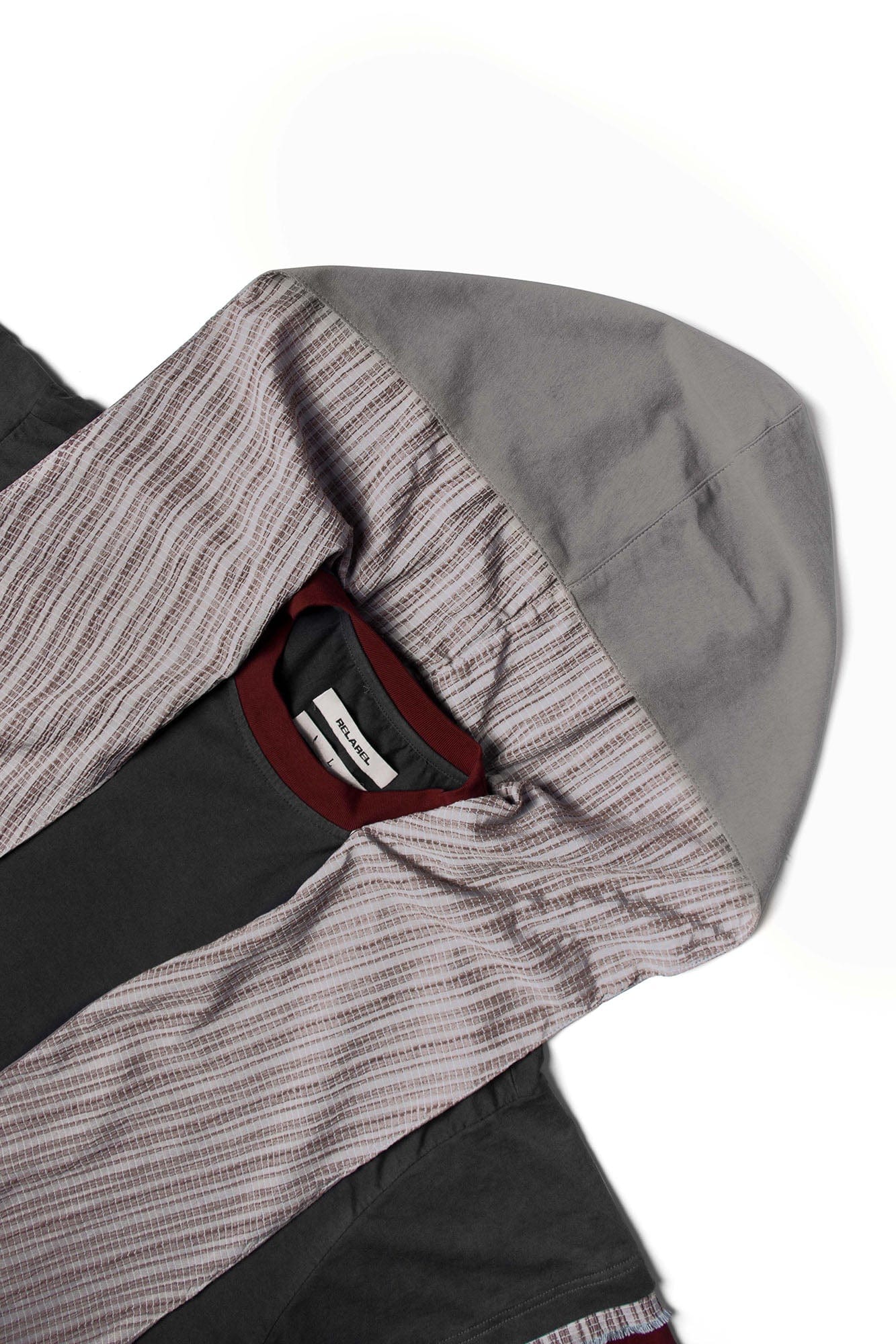 RELABEL Triple-Layer Detachable Striped Hood Long-Sleeve Tee Red, premium urban and streetwear designers apparel on PROJECTISR.com, RELABEL