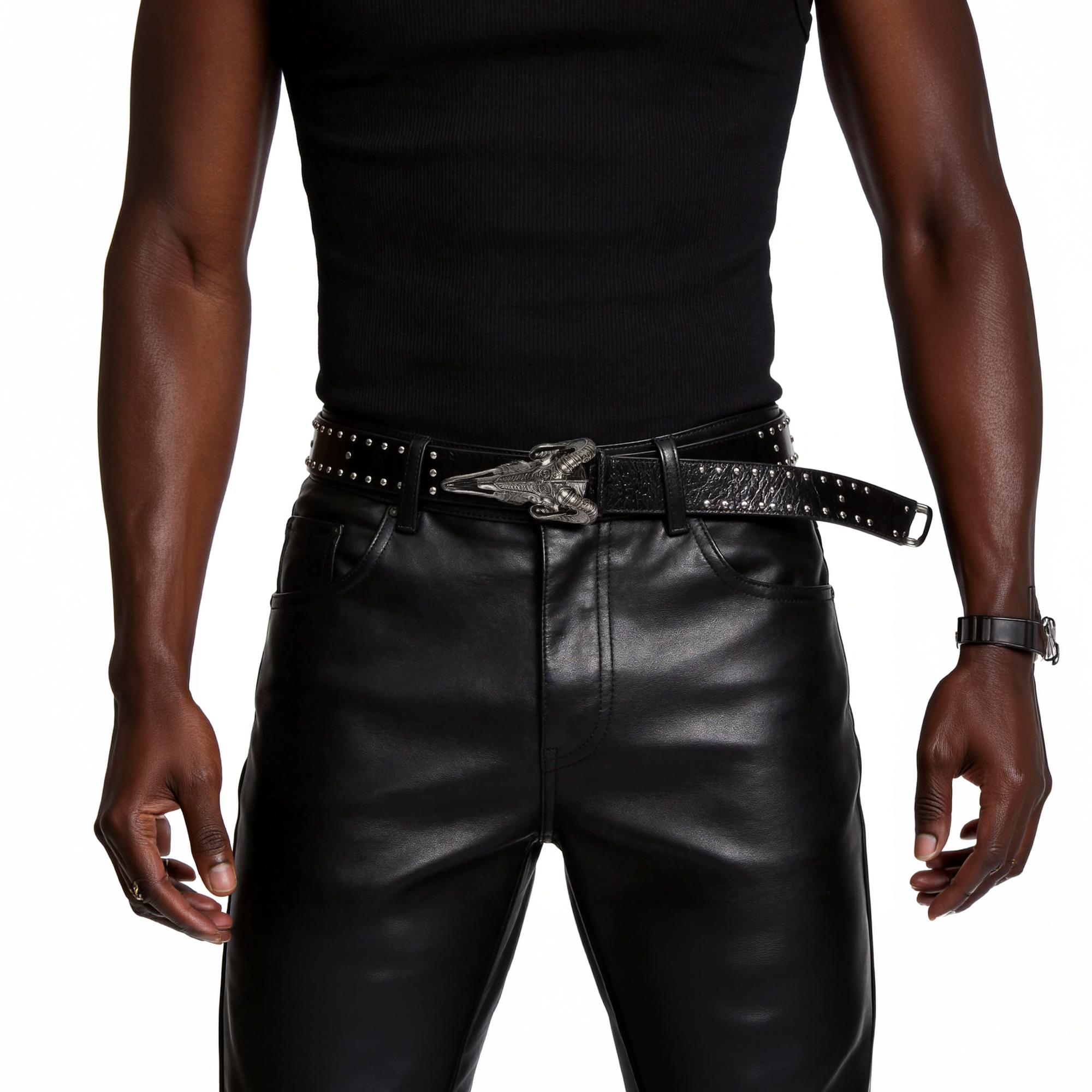 REGEN ZONE Goat Skull Crackle Waxed Studded Belt