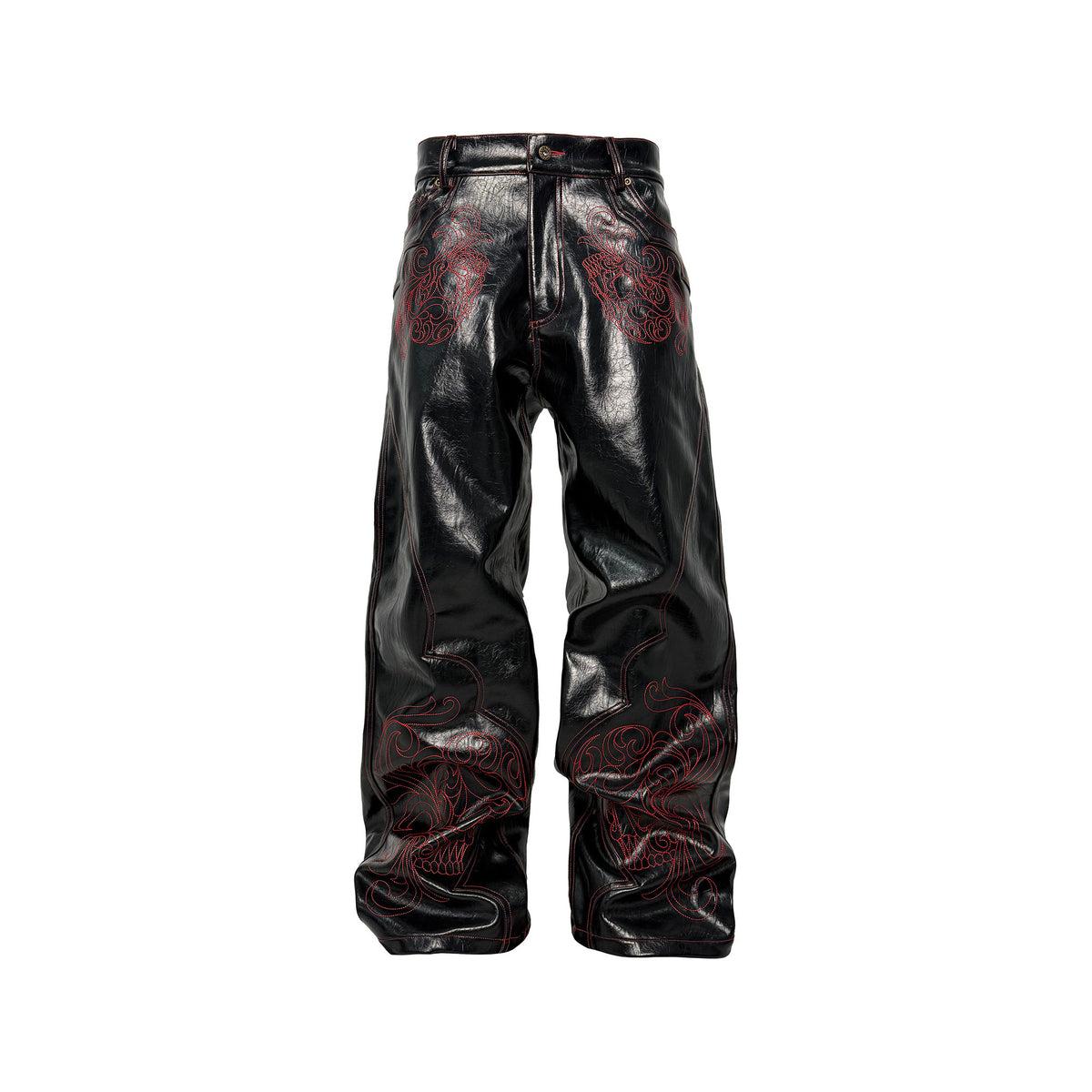 PCCVISION Gothic Skull Stitch PU Pants