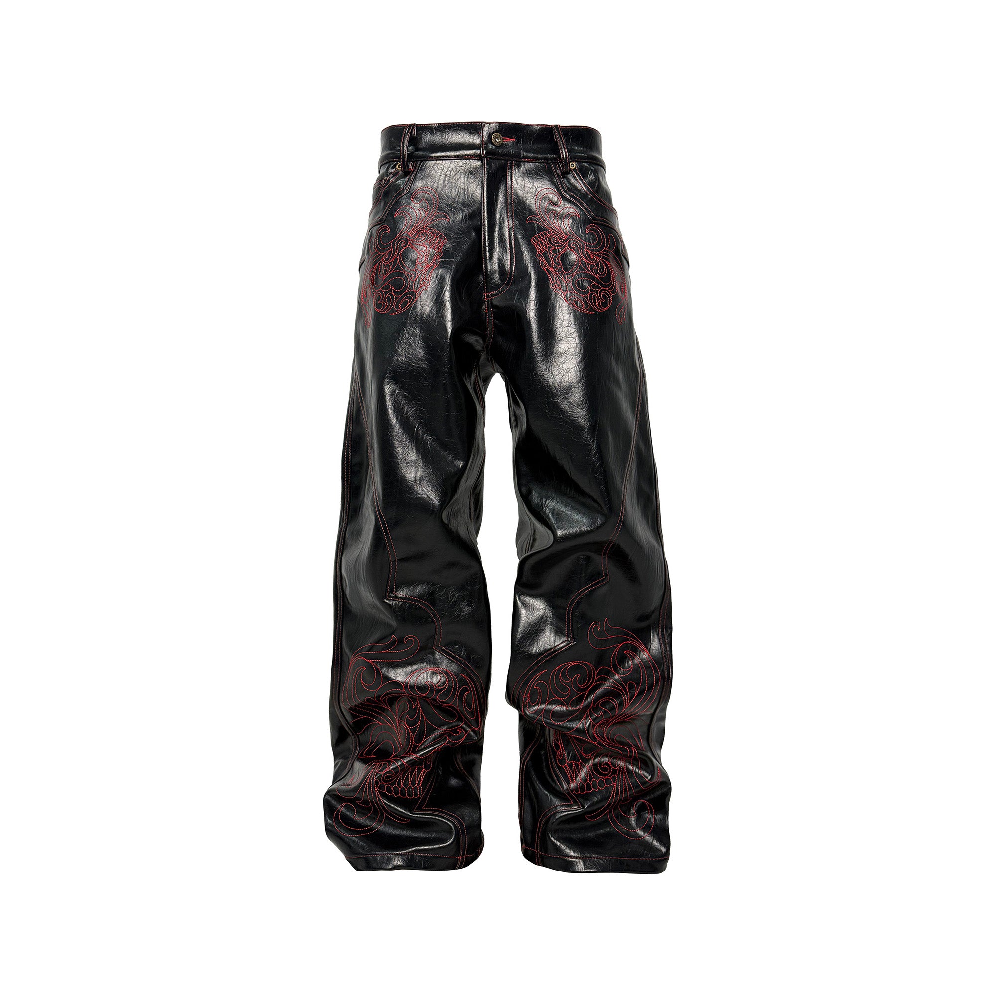 PCCVISION Gothic Skull Stitch PU Pants