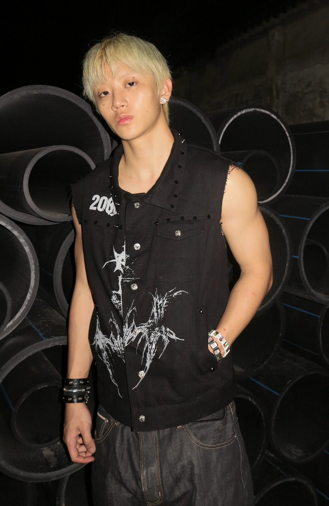 DREAM BAND Distressed Graphic Studded Denim Vest