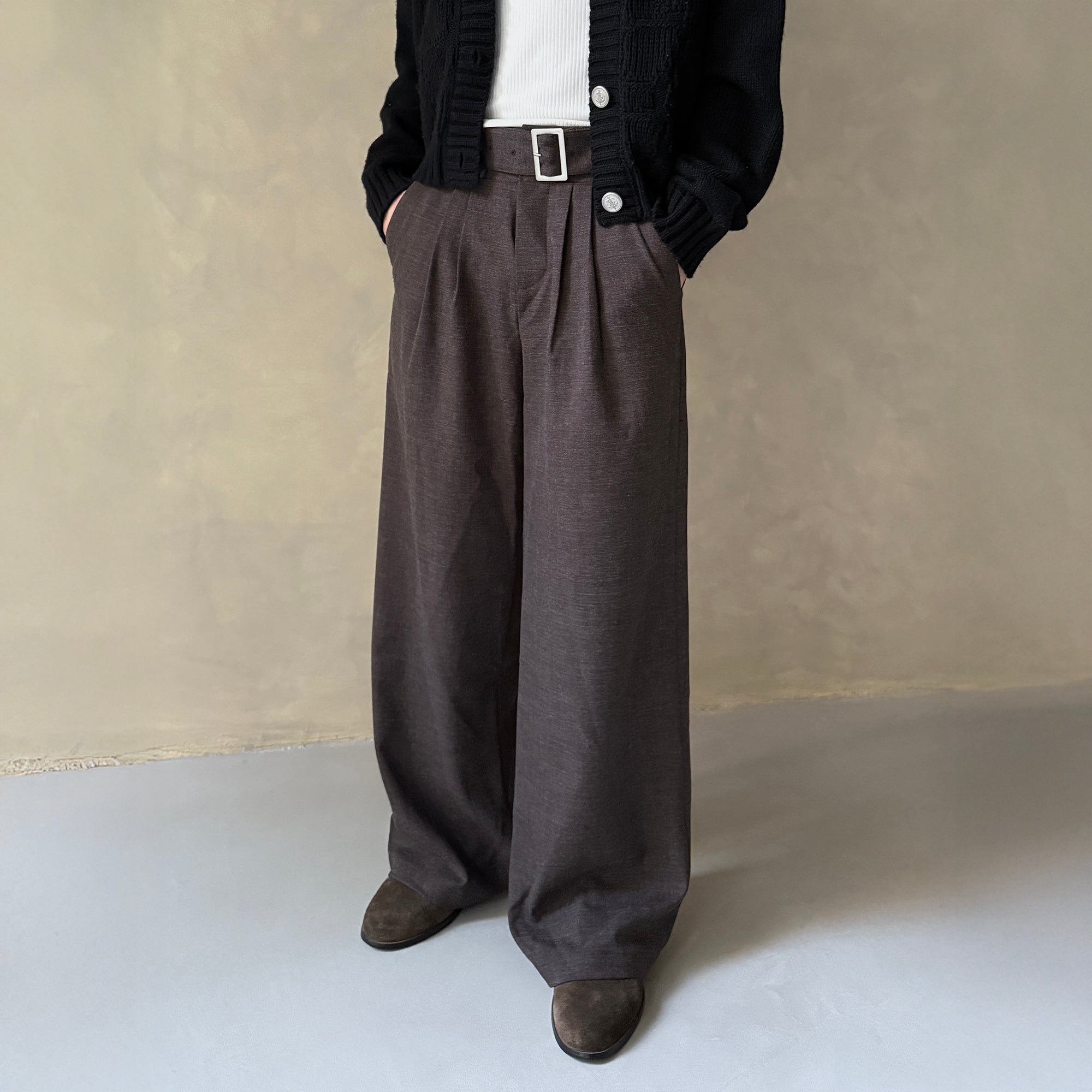 IN EXISTENCE Pleated Belted Wide-Leg Trousers