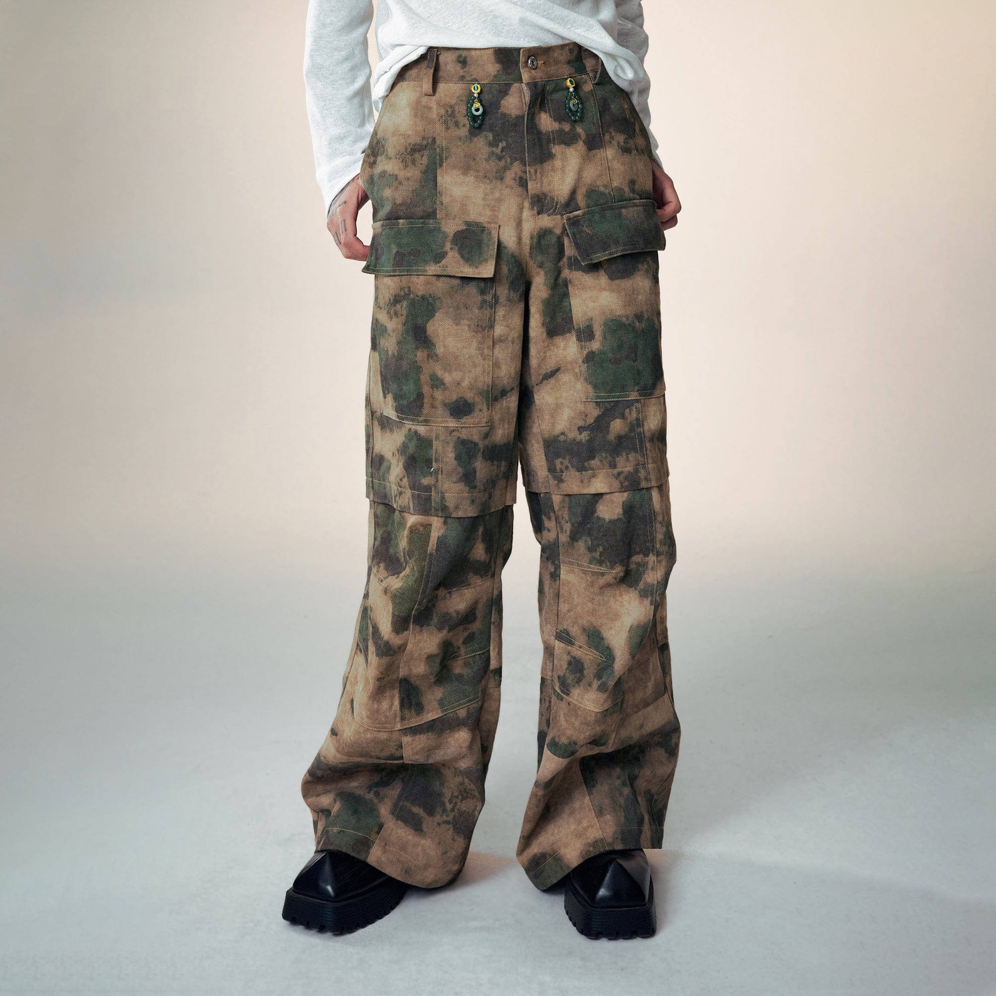 1997 POSTOFFICE Modern Layered Deconstructed Camo Pants, premium urban and streetwear designers apparel on PROJECTISR.com, 1997 POSTOFFICE