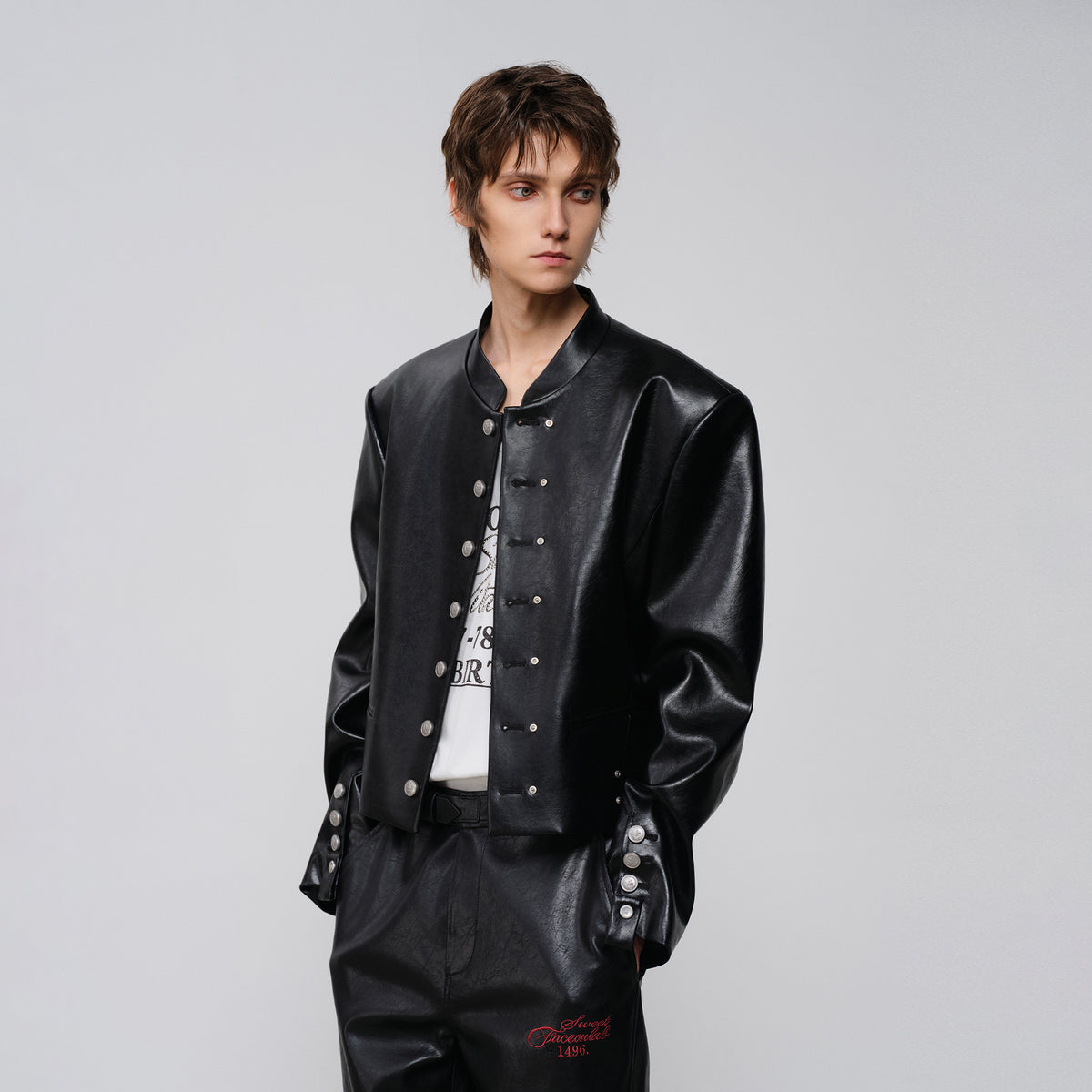 FACEONLAB Faux Leather Stand-Collar Biker Jacket