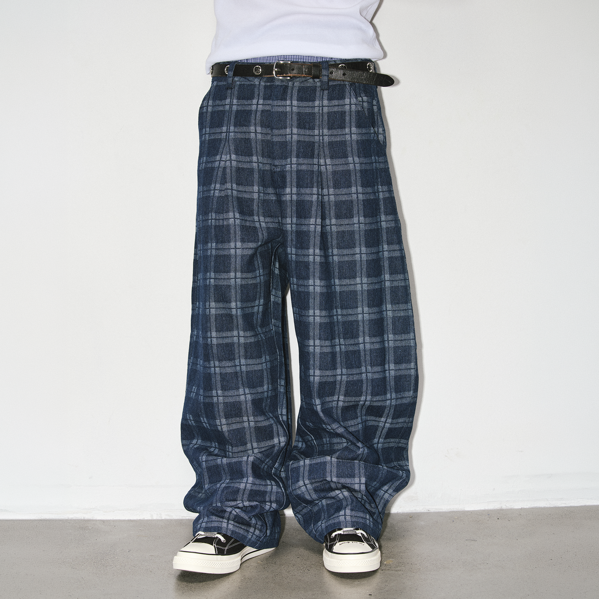 NOVACAM Retro Plaid Wide-Leg Jeans