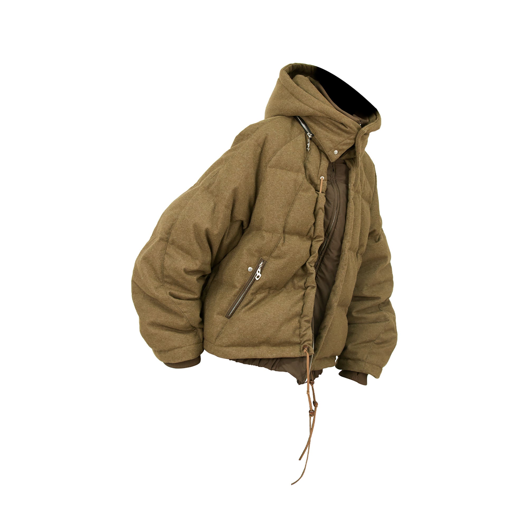 RELABEL Layered Detachable Hood Wool-Blend Puffer Jacket Brown