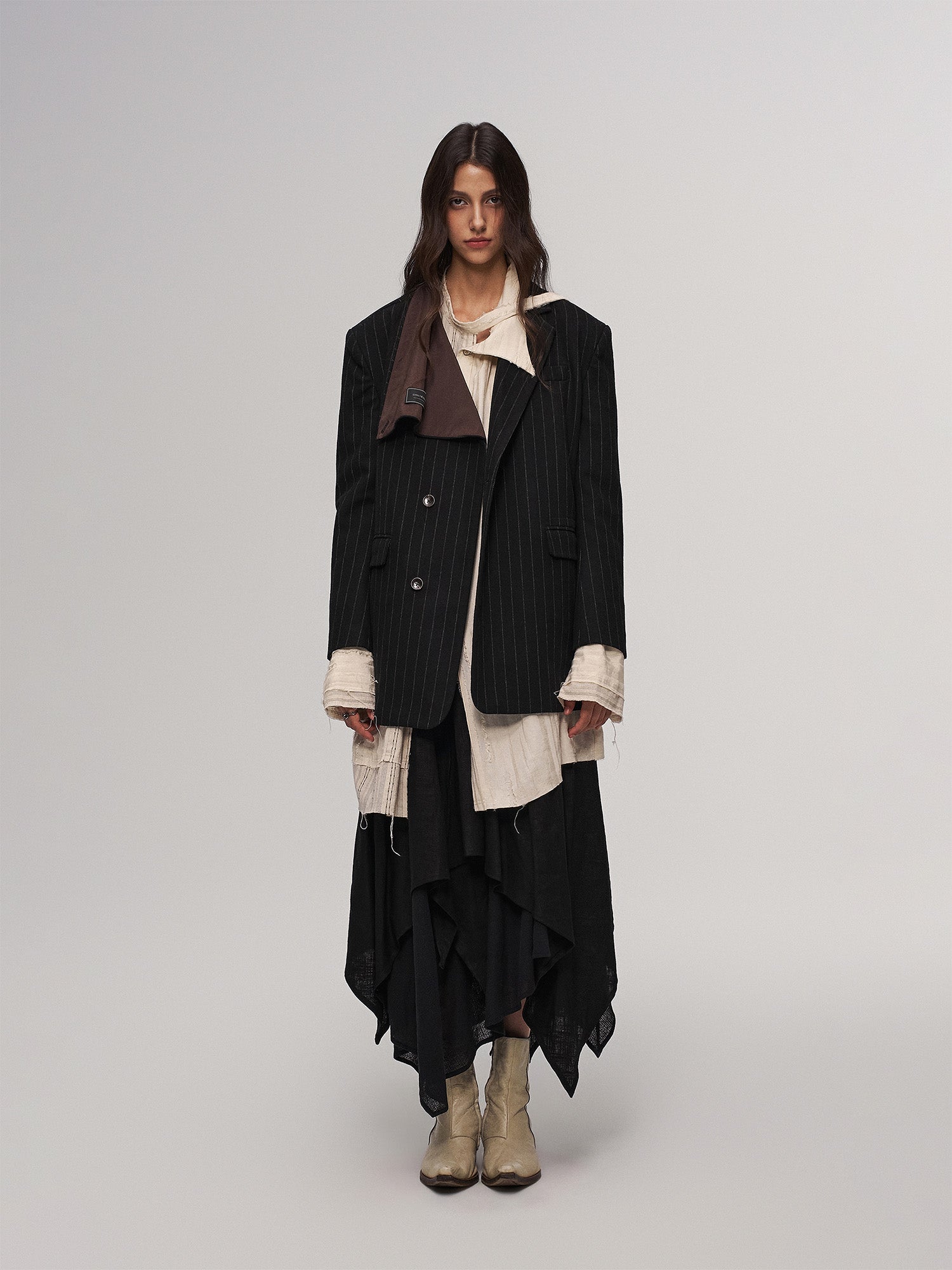 ILNya Nieternite Nifutur Asym Pinstripe Draped Flap Wool Blazer