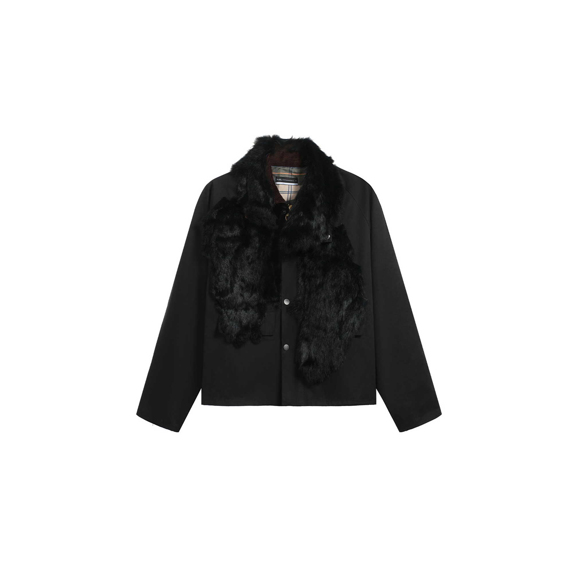 NOTHINGNESS WORLD Mottled Faux Fur Collar Snap-Button Jacket, premium urban and streetwear designers apparel on PROJECTISR.com, NOTHINGNESS WORLD