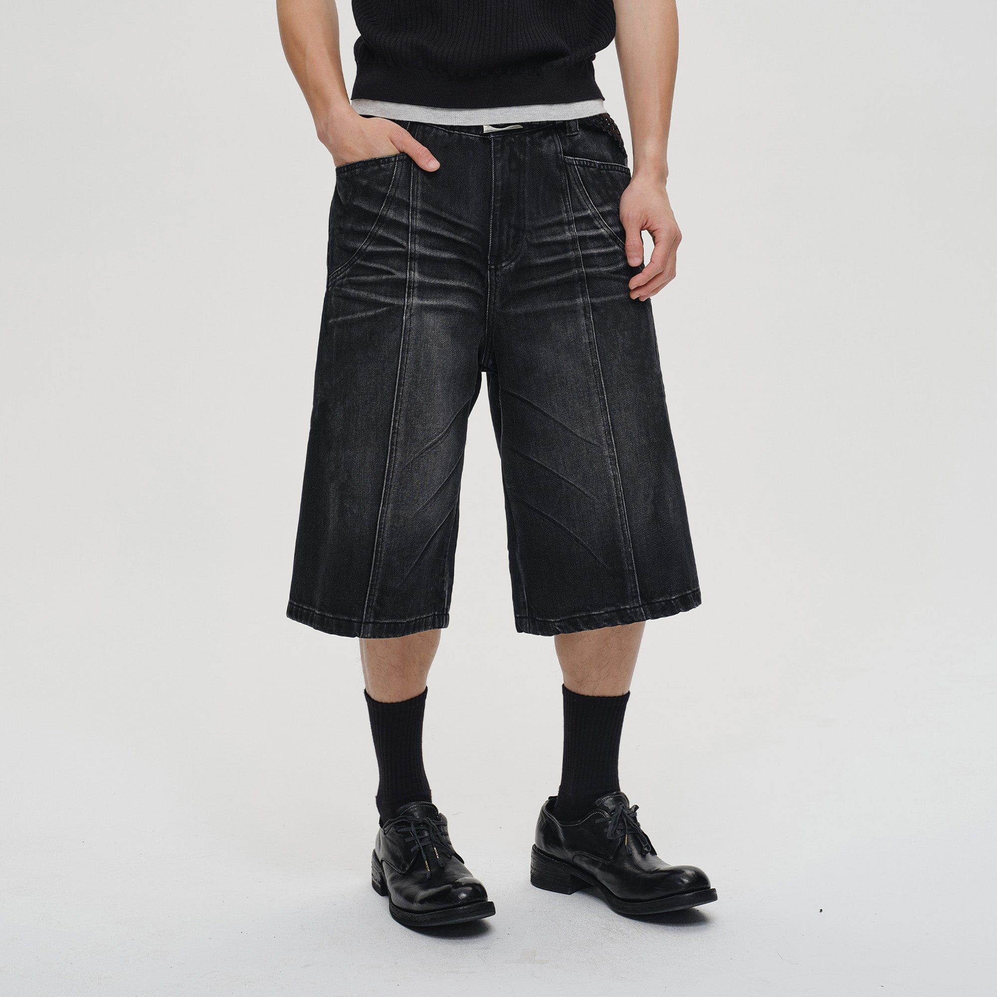 CATSSTAC Whisker-Wash Middle-Spliced Wide-Leg Shorts, premium urban and streetwear designers apparel on PROJECTISR.com, CATSSTAC