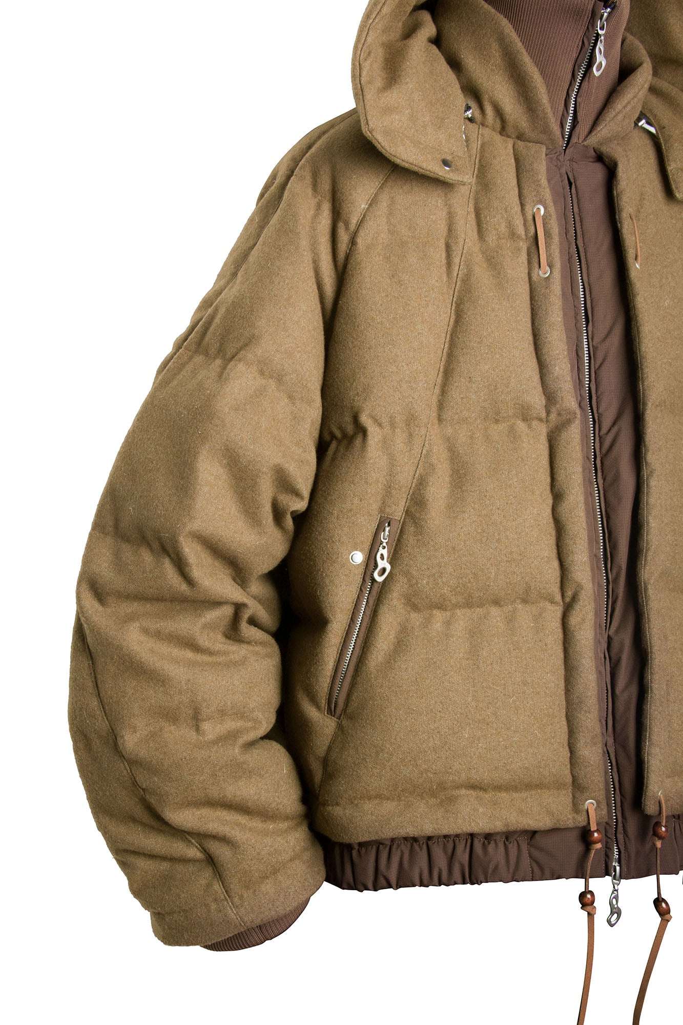 RELABEL Layered Detachable Hood Wool-Blend Puffer Jacket Brown