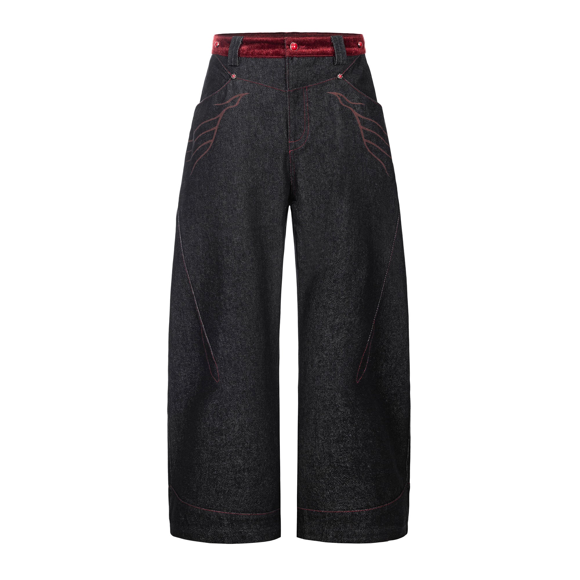 ESAIAS Vermilion Stitch Red Turquoise Curved Denim Pants, premium urban and streetwear designers apparel on PROJECTISR.com, ESAIAS
