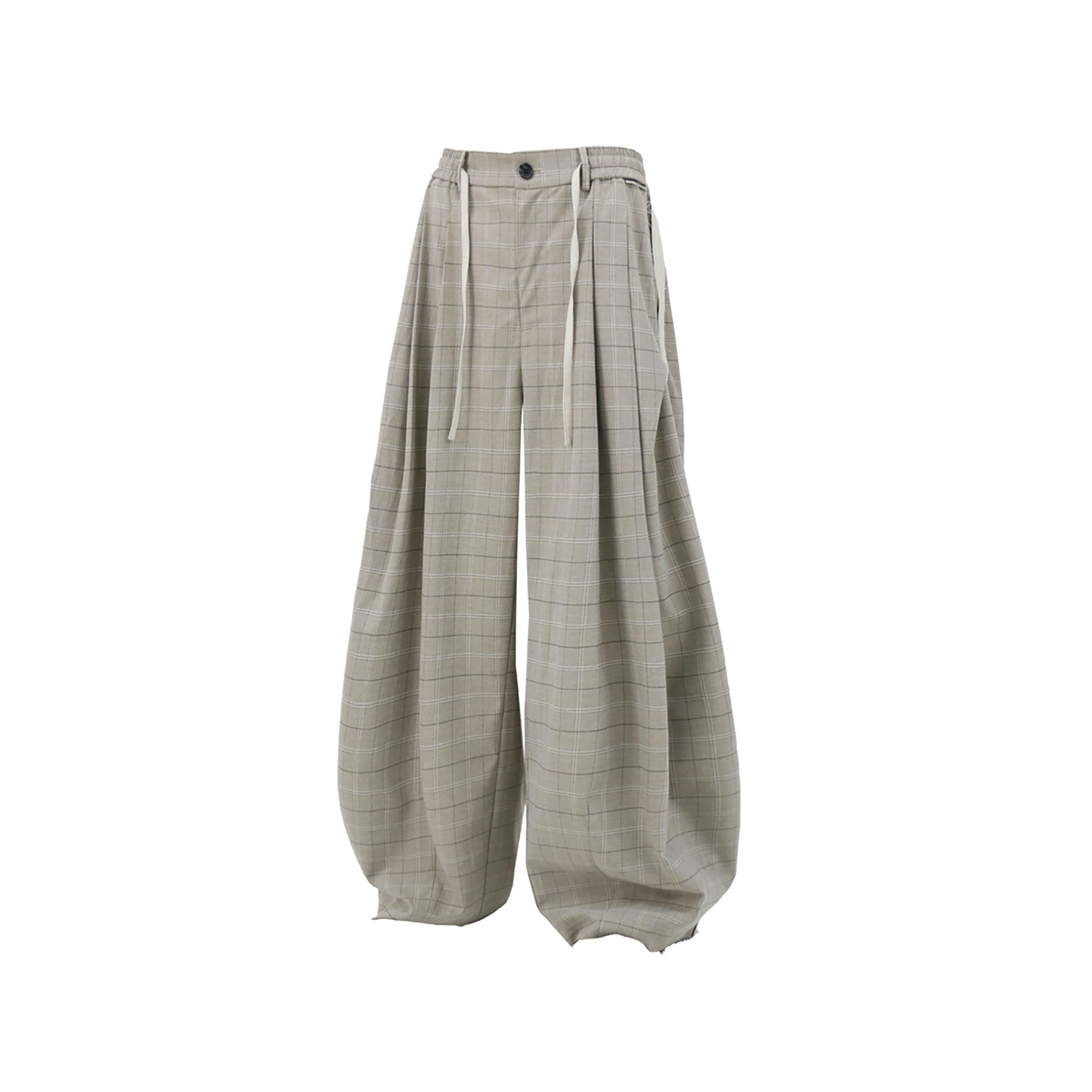 RELABEL Pleated Plaid Wide-Leg Drawstring Trousers Beige