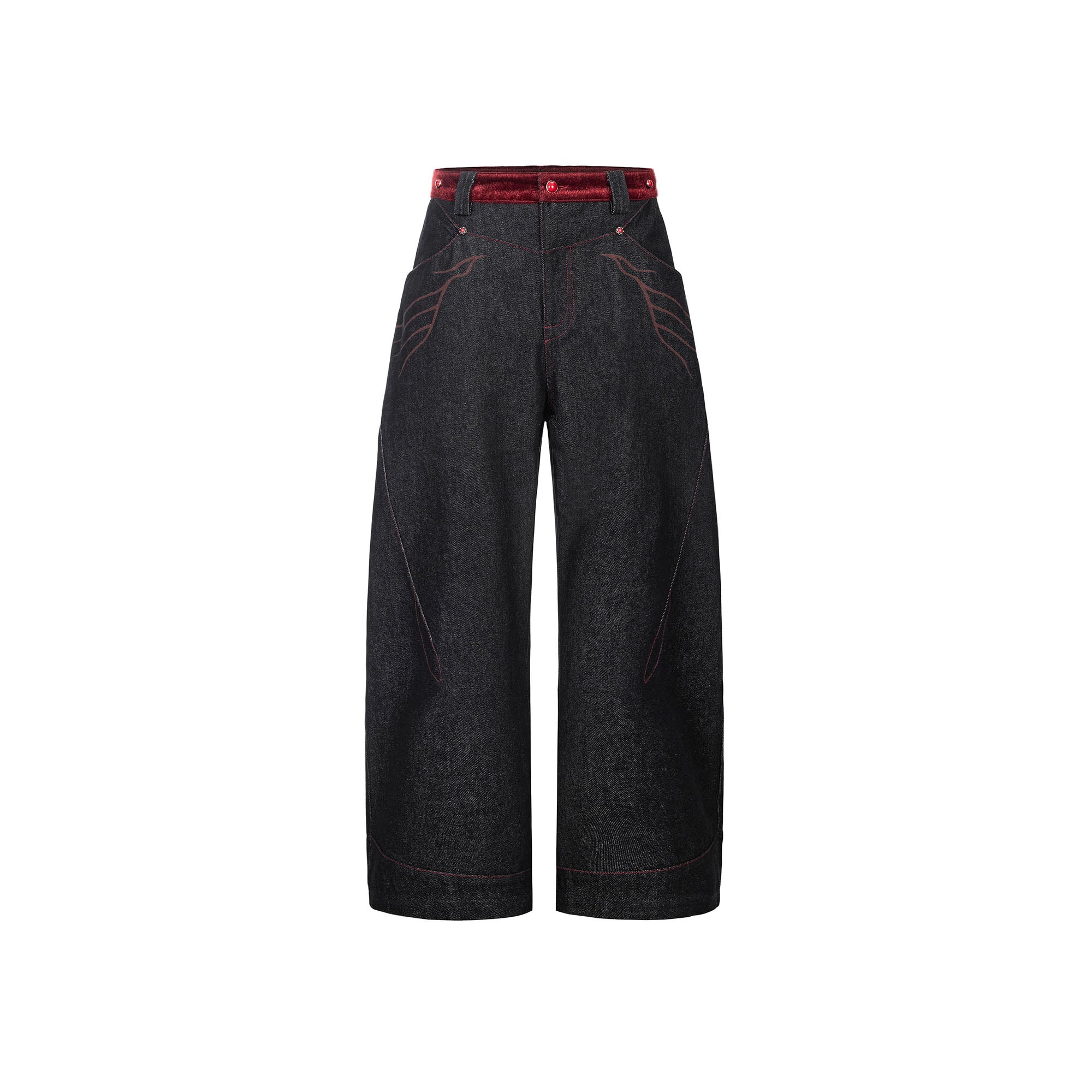 ESAIAS Vermilion Stitch Red Turquoise Curved Denim Pants