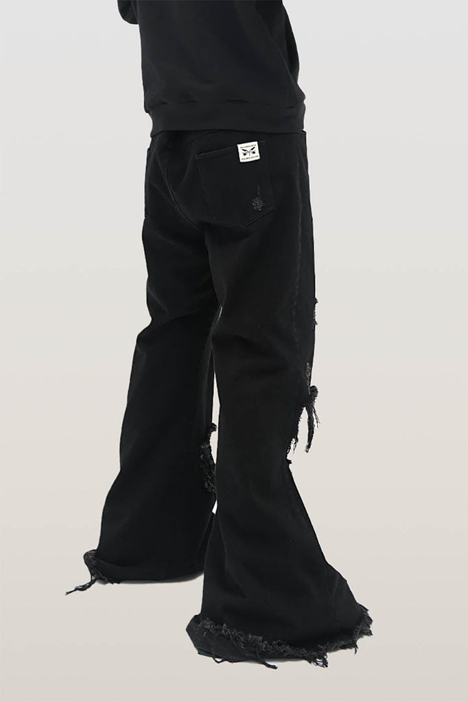 RELABEL Distressed Frayed Double-Layered Flare Pants, premium urban and streetwear designers apparel on PROJECTISR.com, RELABEL
