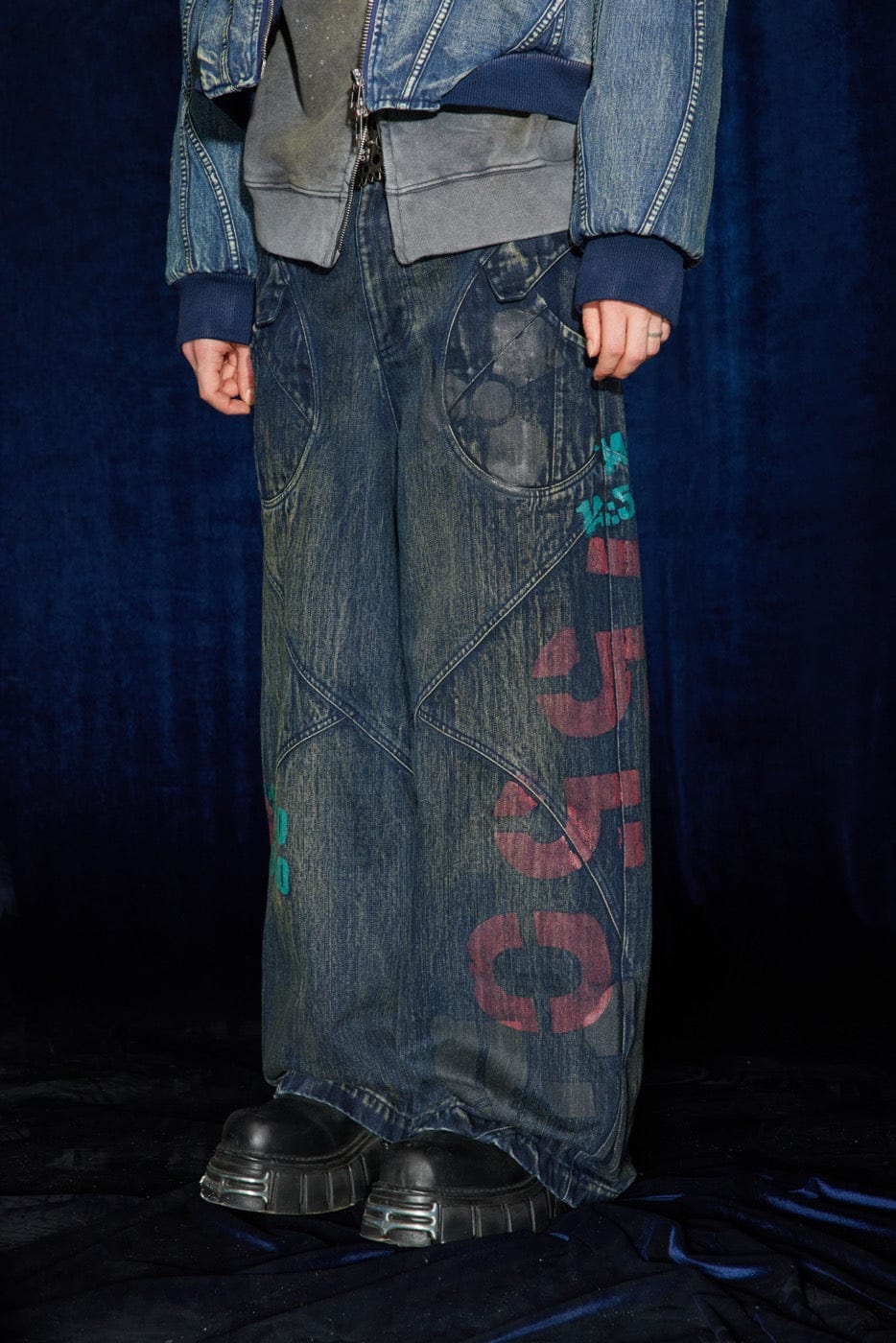 DND4DES Spliced Graffiti Wide-Leg Jeans, premium urban and streetwear designers apparel on PROJECTISR.com, DND4DES