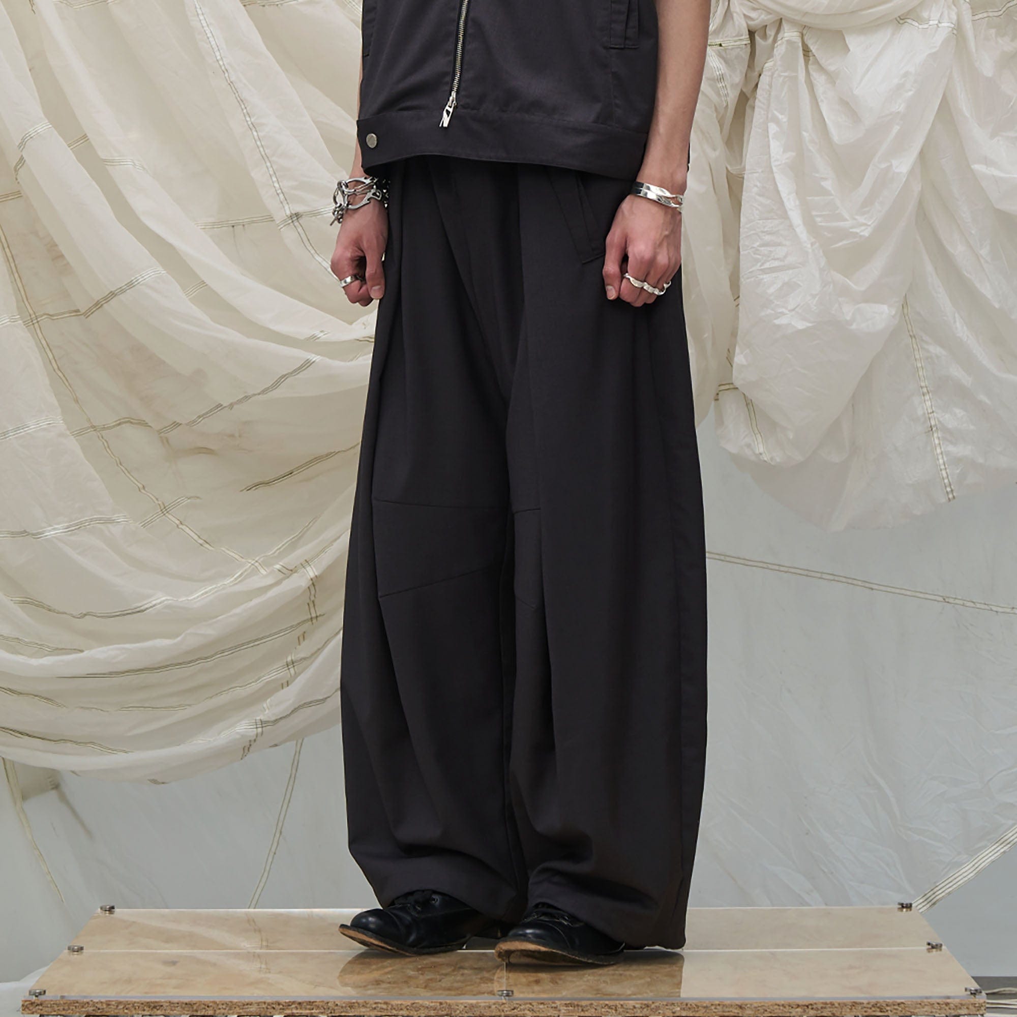 RELABEL Pleated Drawstring Curved Wide-Leg Trousers, premium urban and streetwear designers apparel on PROJECTISR.com, RELABEL