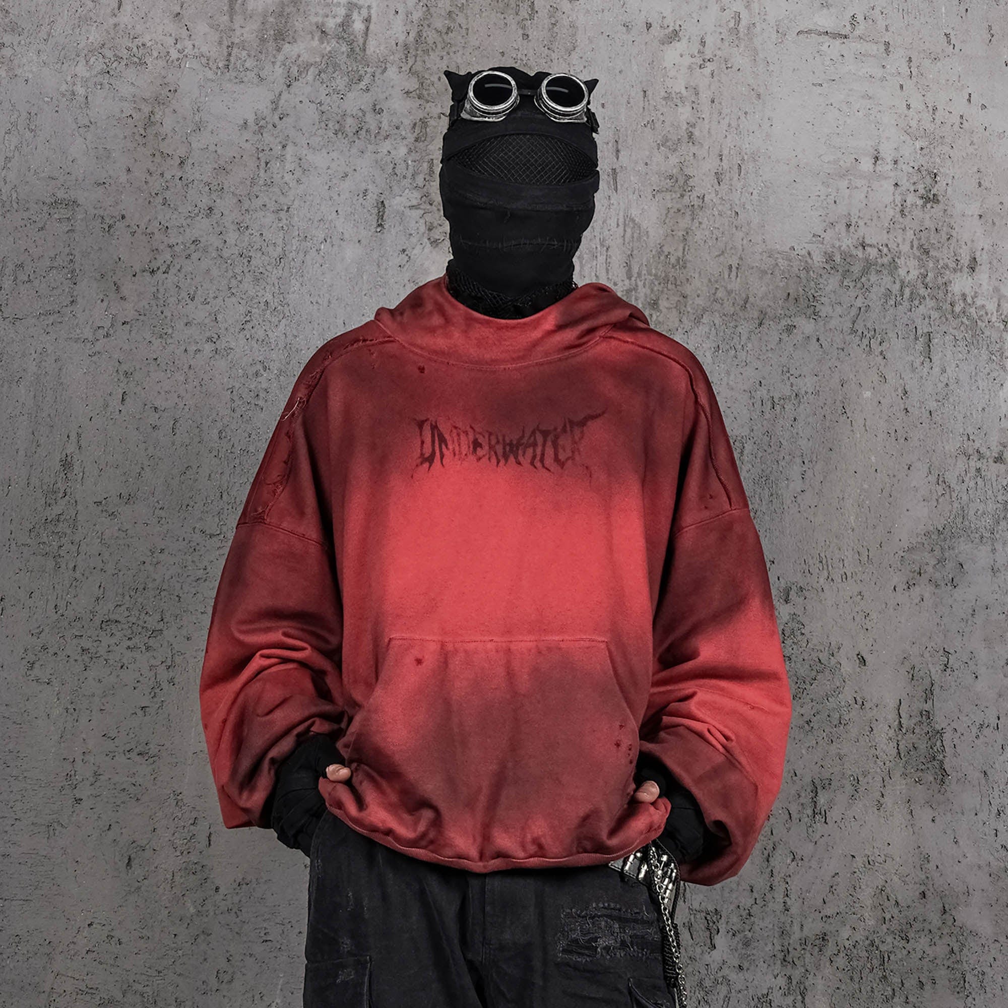 UNDERWATER Ashen Ember Distressed Elevated Hoodie Red, premium urban and streetwear designers apparel on PROJECTISR.com, UNDERWATER