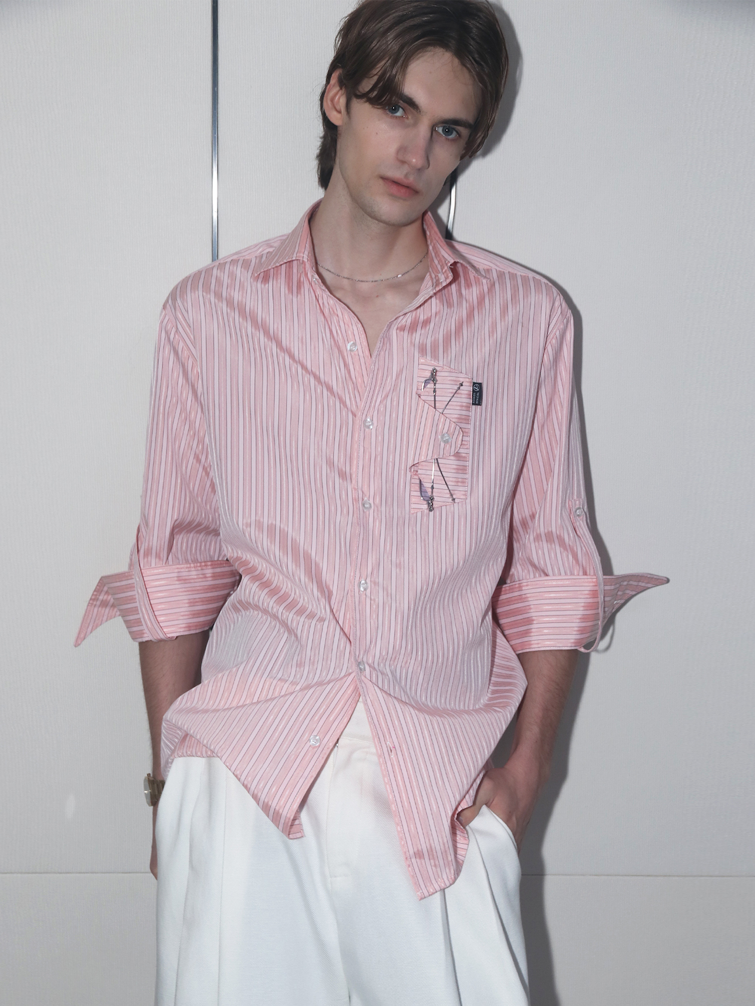 ASSEEN Striped Glasses Pocket Half Shirt Pink