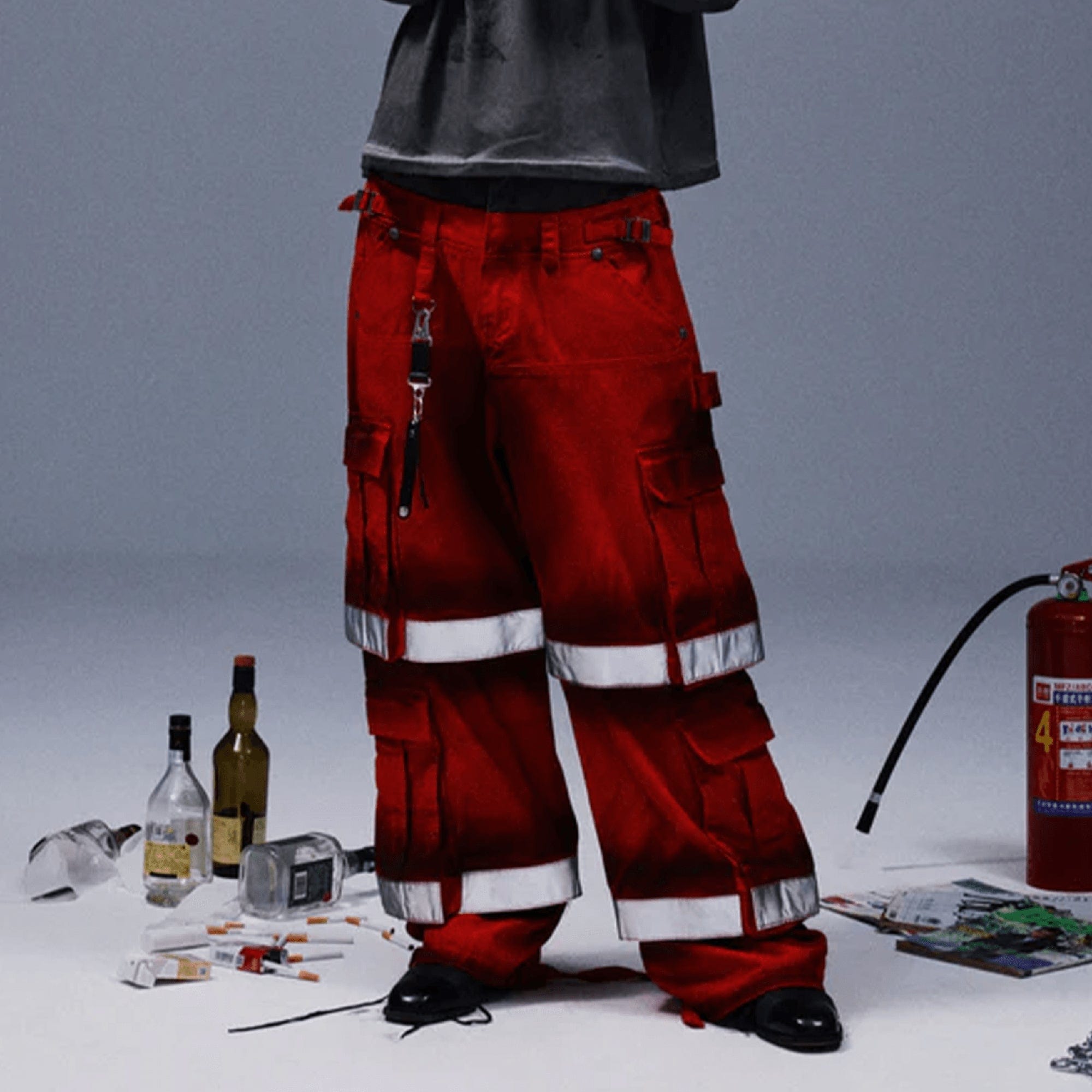 TECNINEGROUP Washed Detachable Reflective Firefighter Cargo Pants Red, premium urban and streetwear designers apparel on PROJECTISR.com, TECNINEGROUP