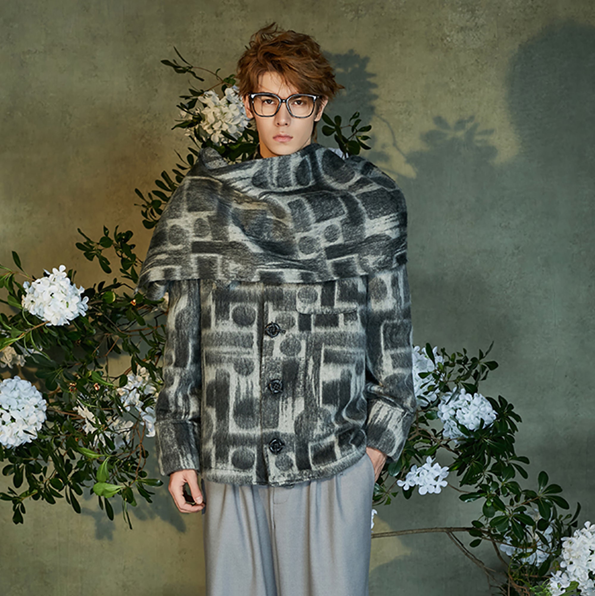 JIECHI Detachable Drape Geometry Full-Print Wool-Blend Jacket