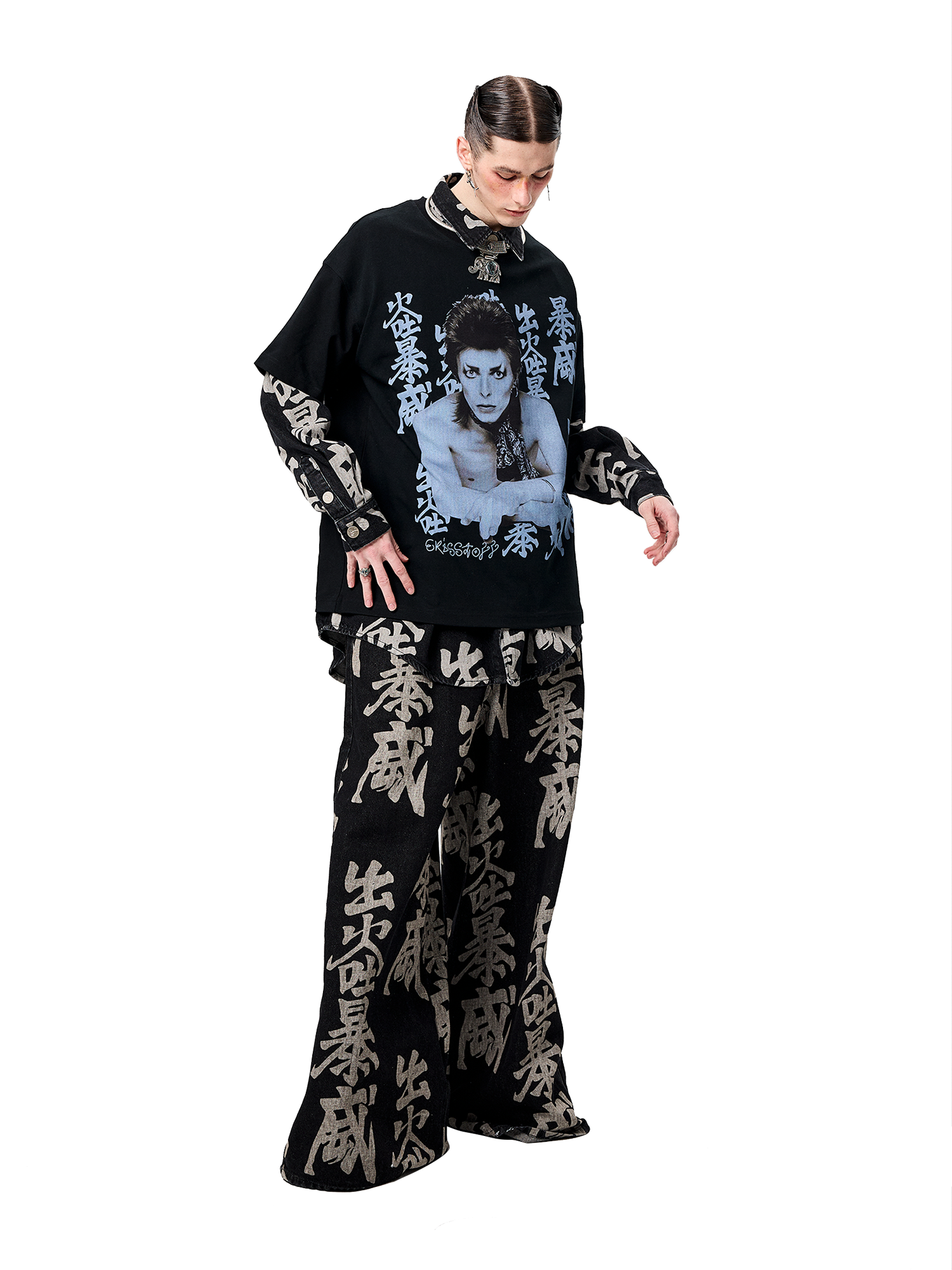 ERISSTOFF Washed Full-Print Wide-Leg Jeans