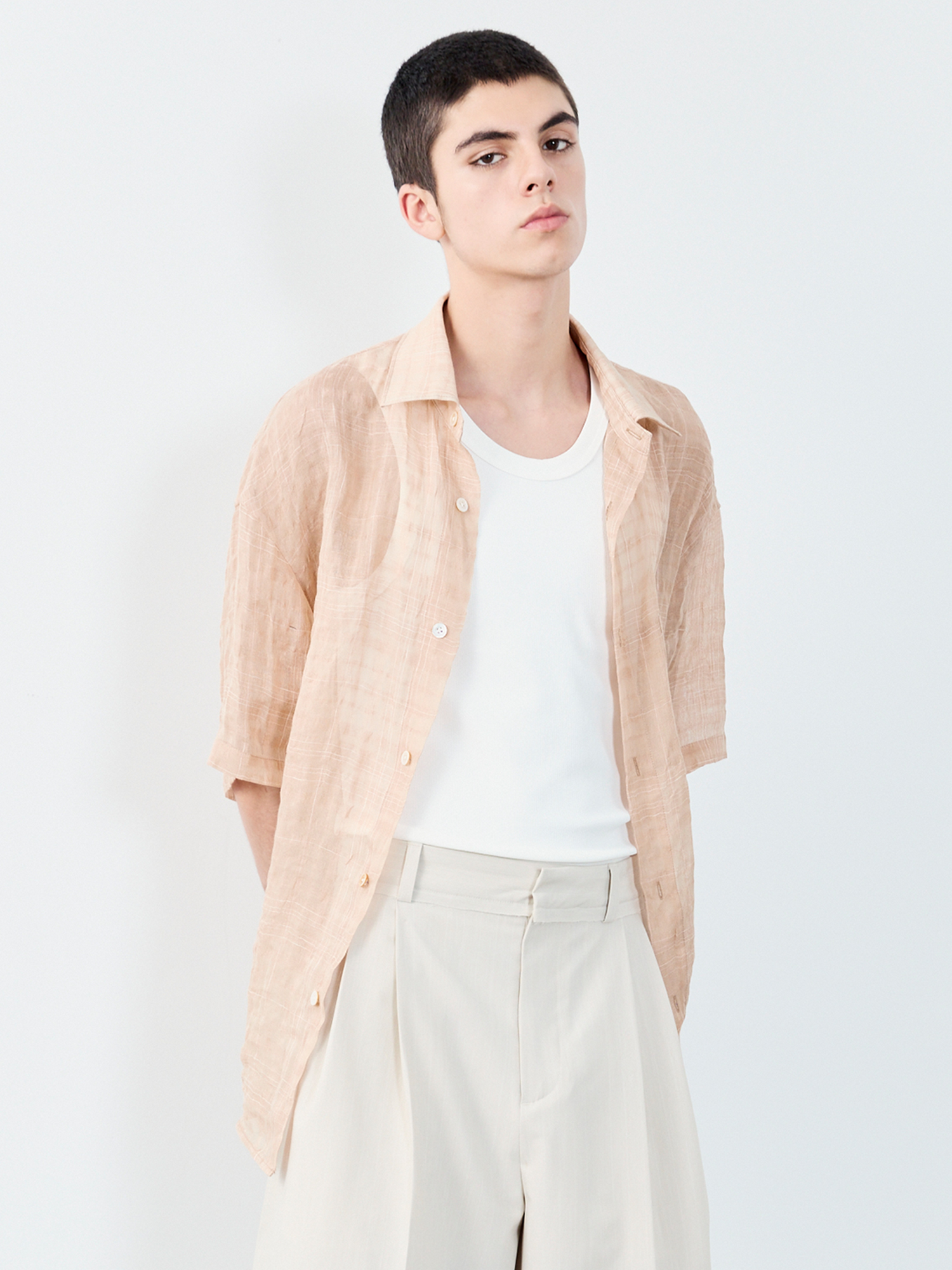 GRAINMUSTARD Linen-Cotton Plaid Half Shirt, premium urban and streetwear designers apparel on PROJECTISR.com, GRAINMUSTARD