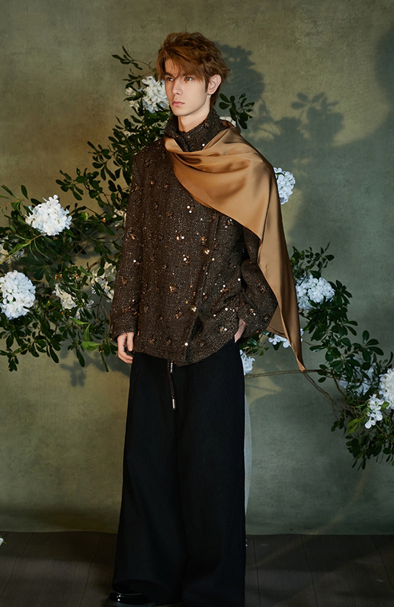 JIECHI Sequin Embroidered Satin Shawl Blazer