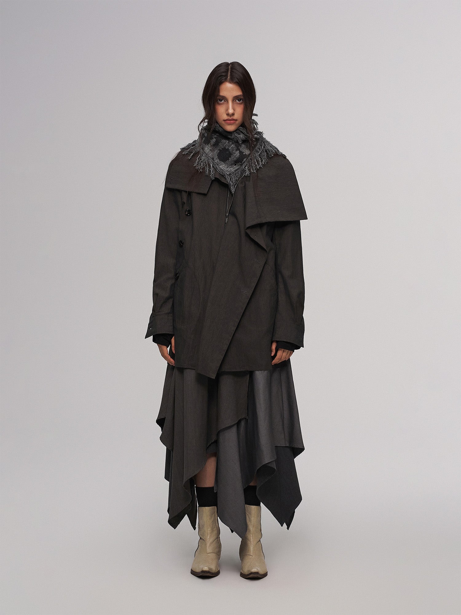 ILNya Nieternite Nifutur Asym Layered Wrap-Collar Shirt Coat Dark Green