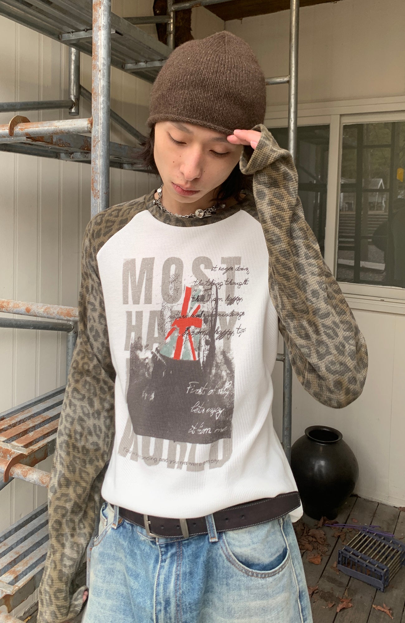 SADSOUP Leopard Raglan Waffle Long-Sleeve Tee