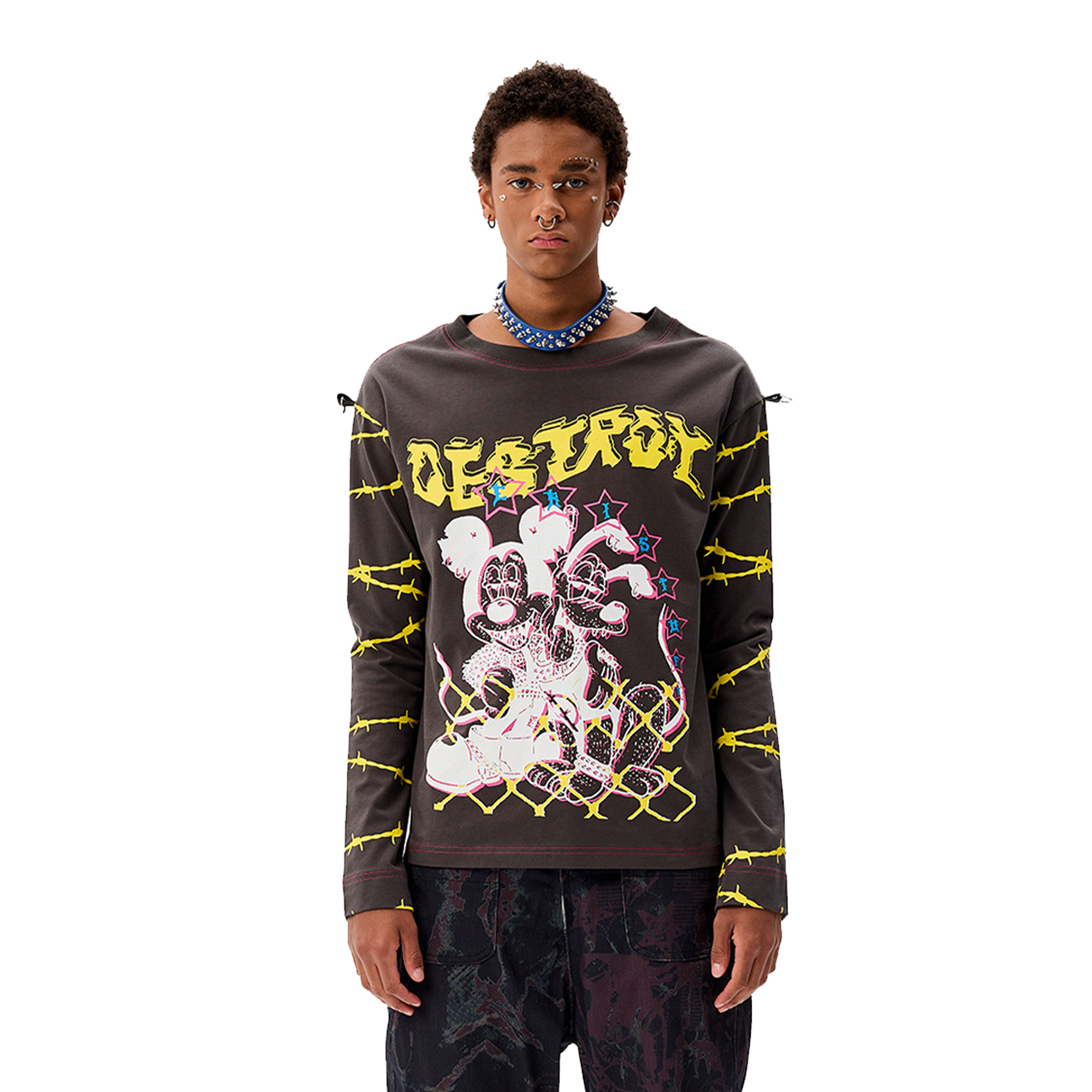 CYCYCY Punk Cartoon Mouse Graphic Long-Sleeve Tee