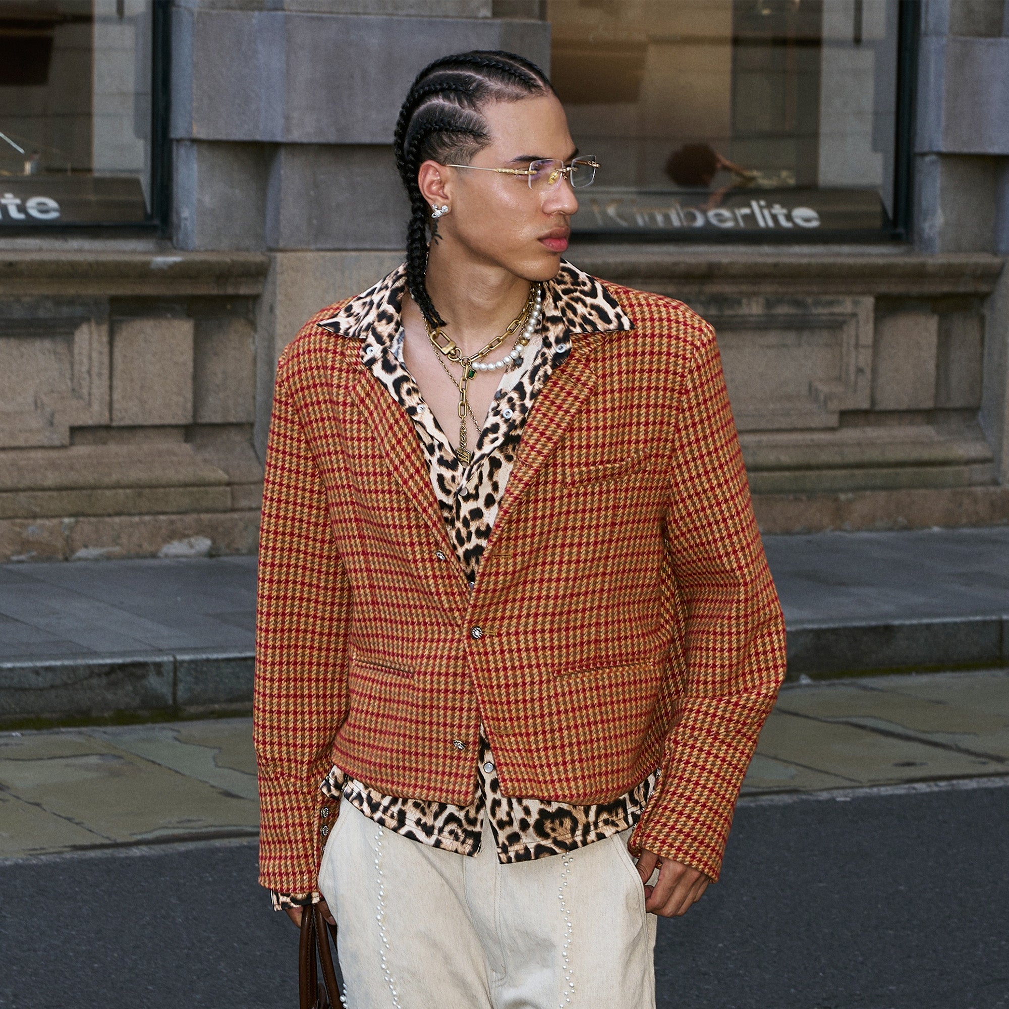 STEEPC Houndstooth Wool-Blend Stand-Collar Boxy Blazer