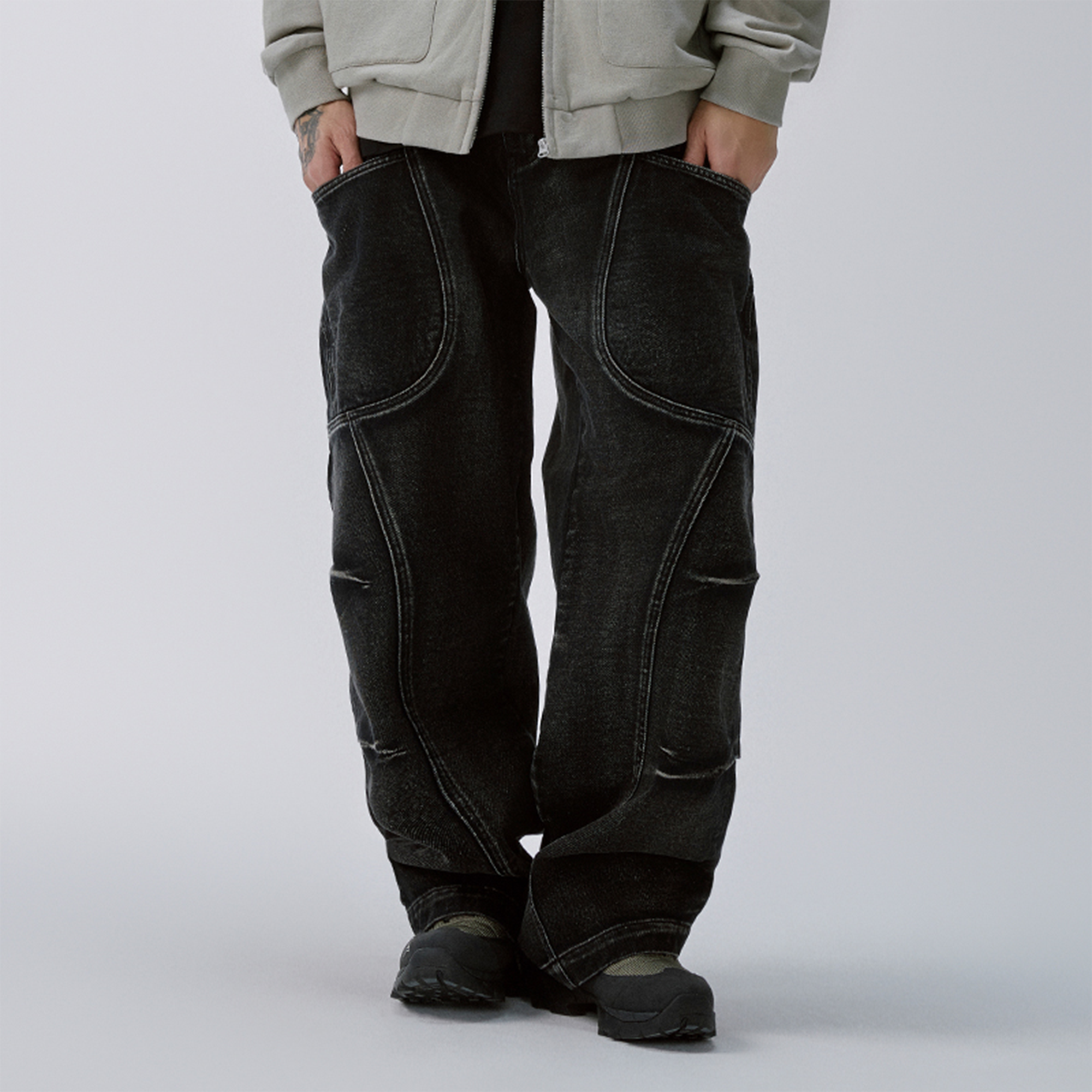 F2CE Washed Deconstructed Oversized Denim Cargo Pants