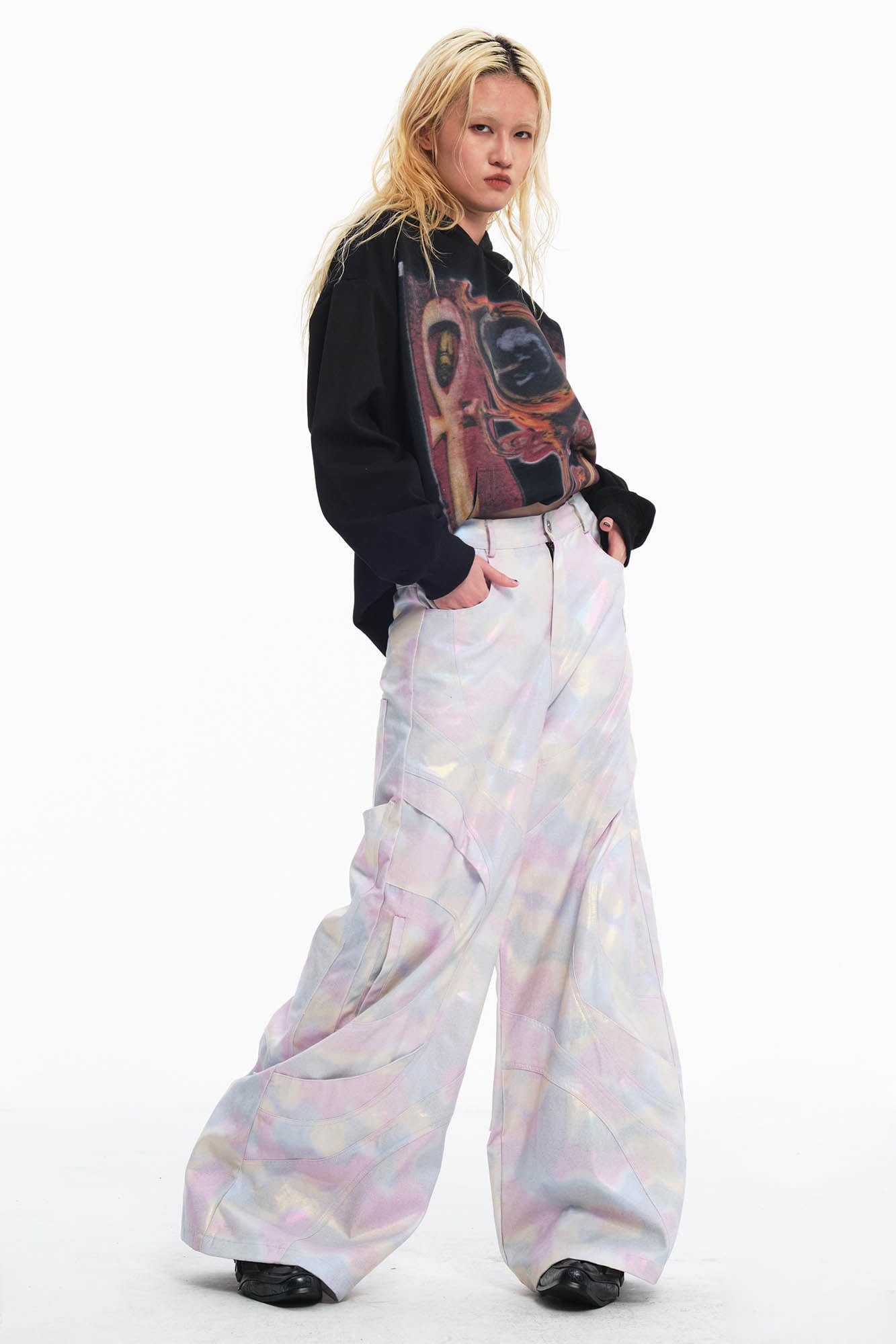 EMBRYO Deconstructed Iridescent Camo Wide-Leg Pants