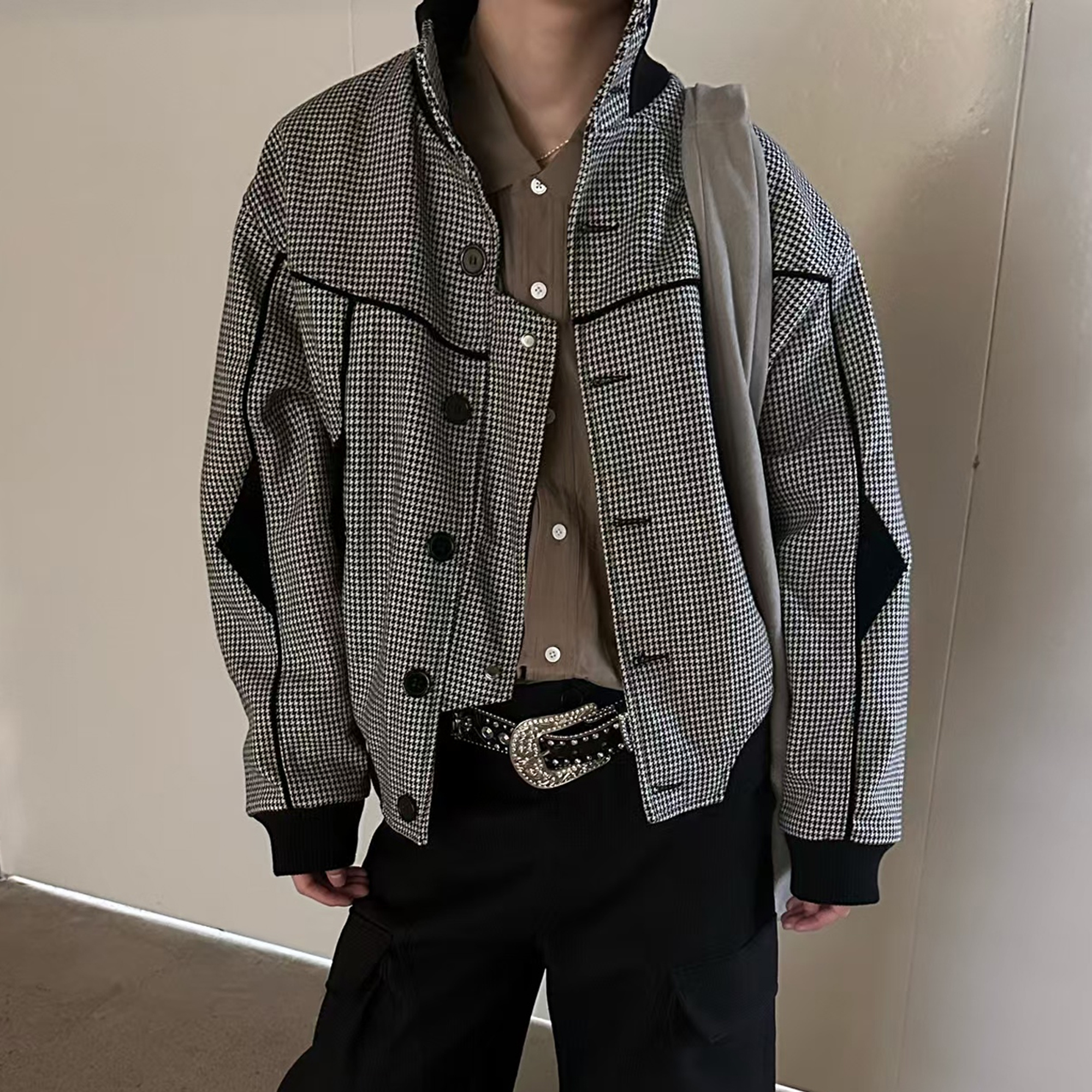 ESAIAS Houndstooth Panel Stand Collar Wool-Blend Jacket