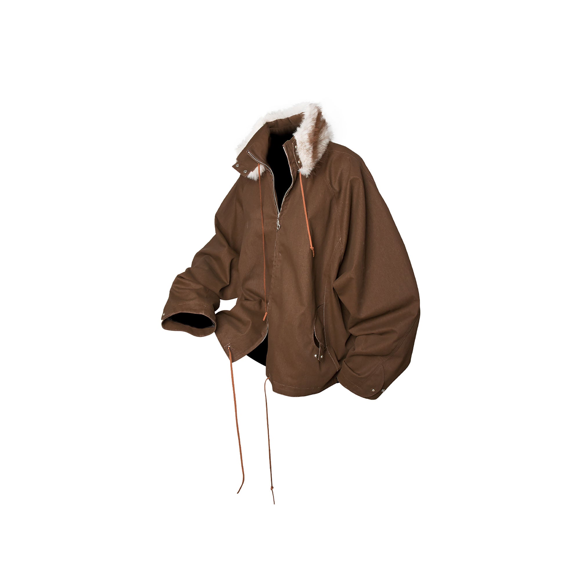 RELABEL Detachable Faux Fur Collar Drawstring Jacket Brown