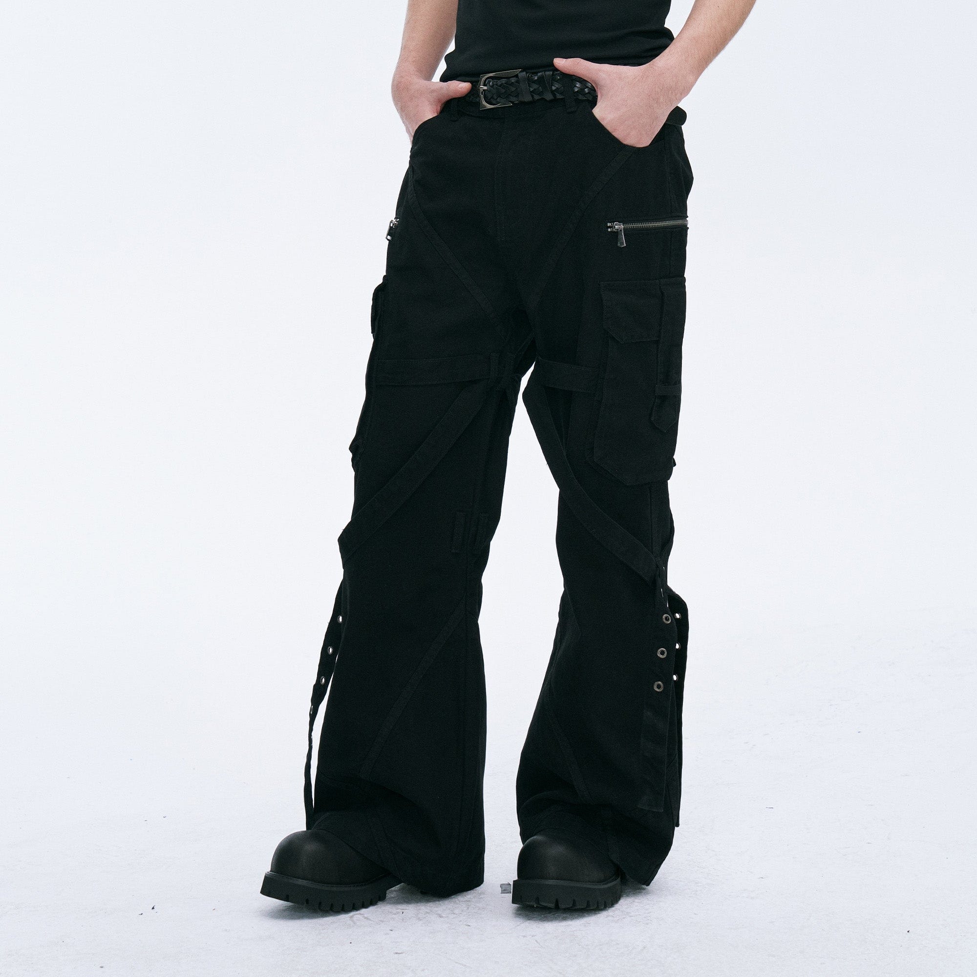 CATSSTAC Strap-Wrapped Spliced Cargo Pants, premium urban and streetwear designers apparel on PROJECTISR.com, CATSSTAC