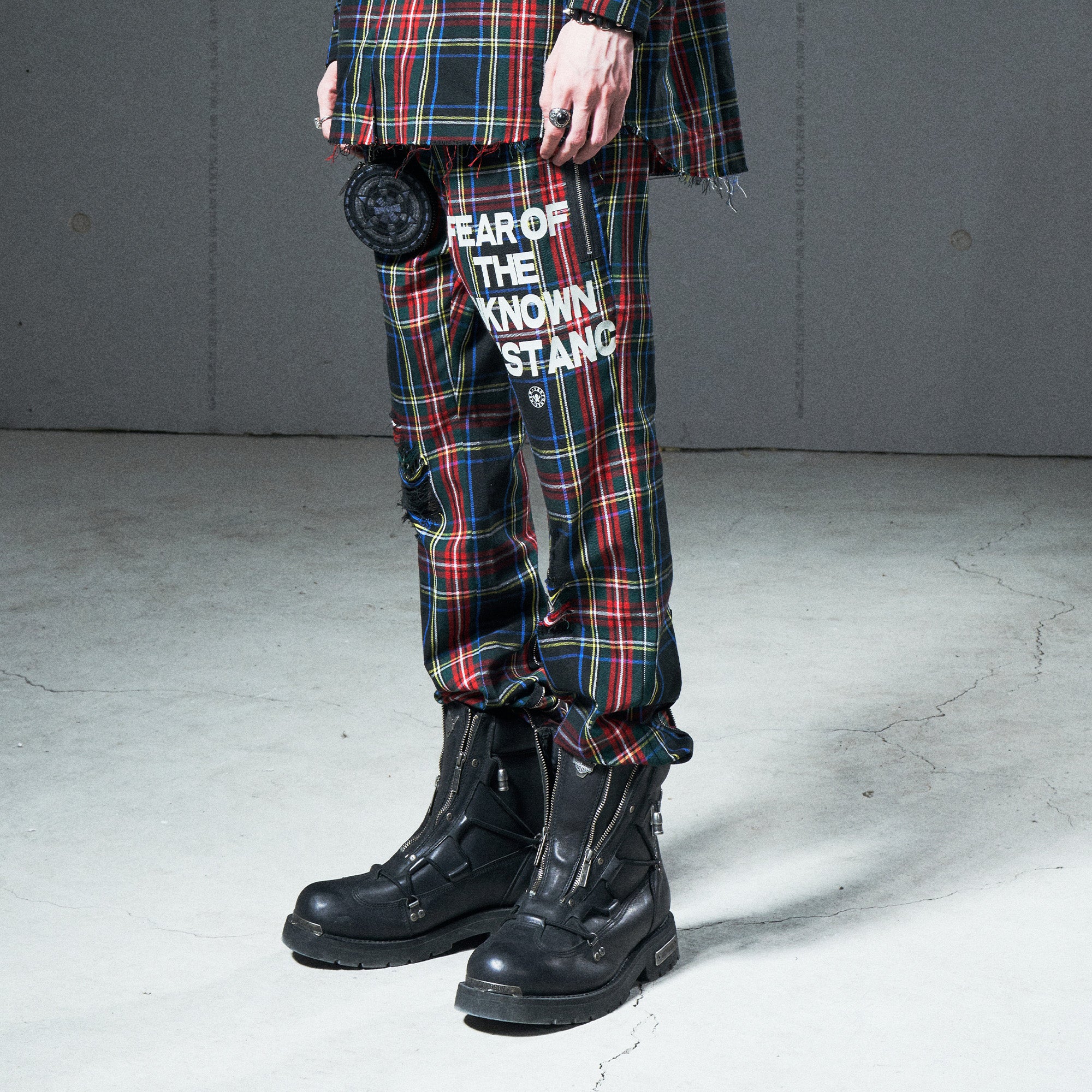 VENTUREK Distressed Zippered-Hem Slogan Slim Plaid Pants, premium urban and streetwear designers apparel on PROJECTISR.com, VENTUREK