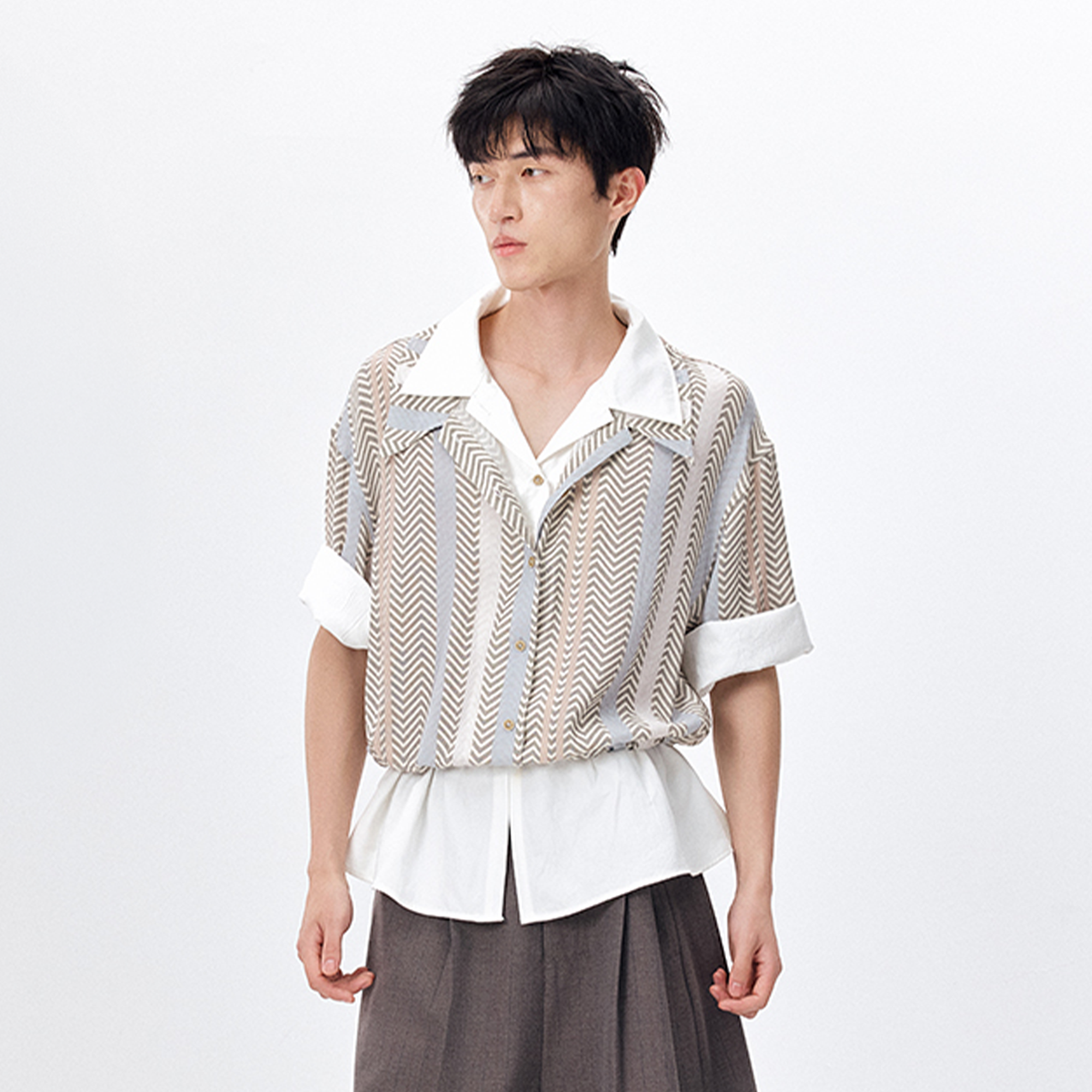 TUIMU Layered Camp Collar Striped Shirt
