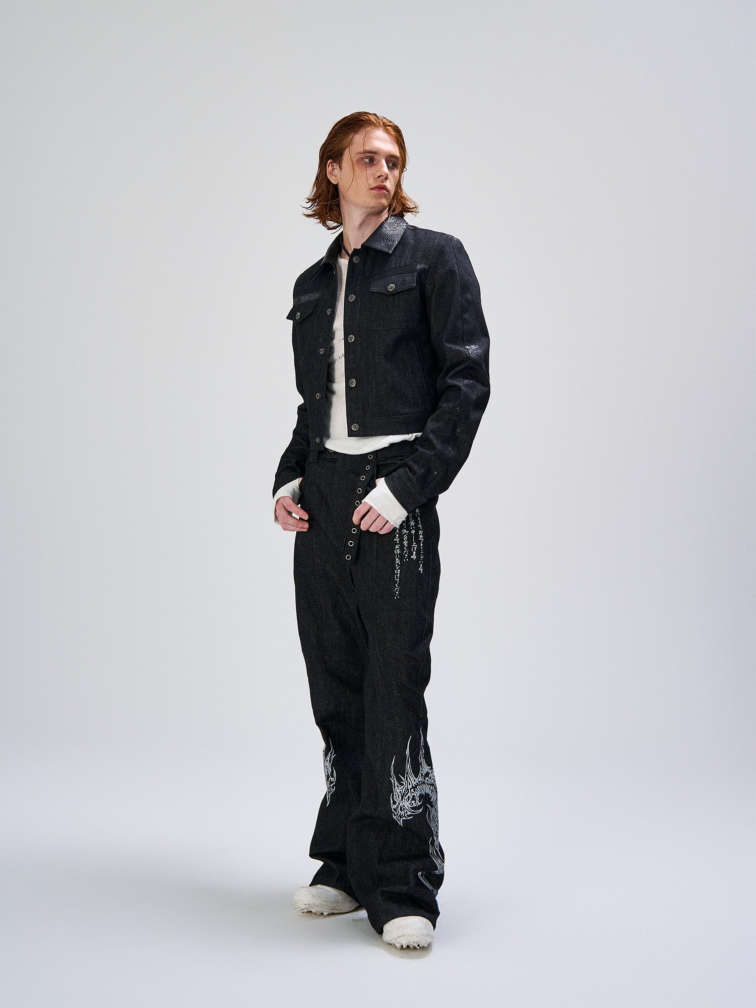 FLYERRER Serpent Cropped Raw Denim Jacket, premium urban and streetwear designers apparel on PROJECTISR.com, FLYERRER