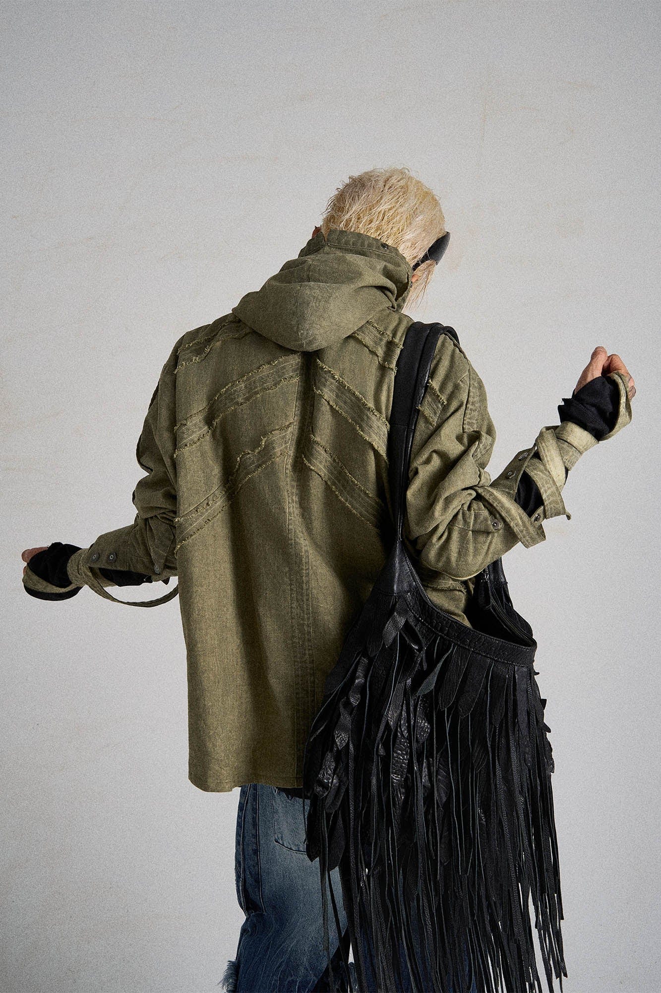 FLYERRER Frayed Fishbone Spliced Strap Hooded Jacket