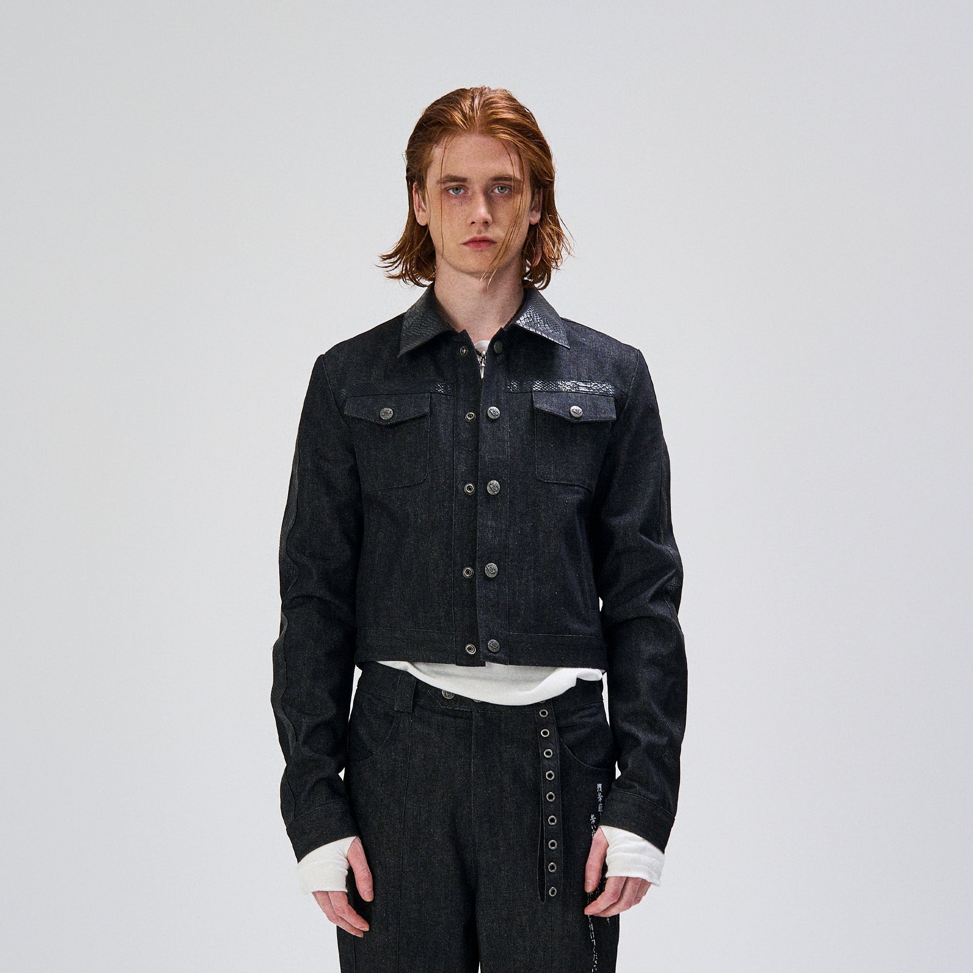 FLYERRER Serpent Cropped Raw Denim Jacket, premium urban and streetwear designers apparel on PROJECTISR.com, FLYERRER