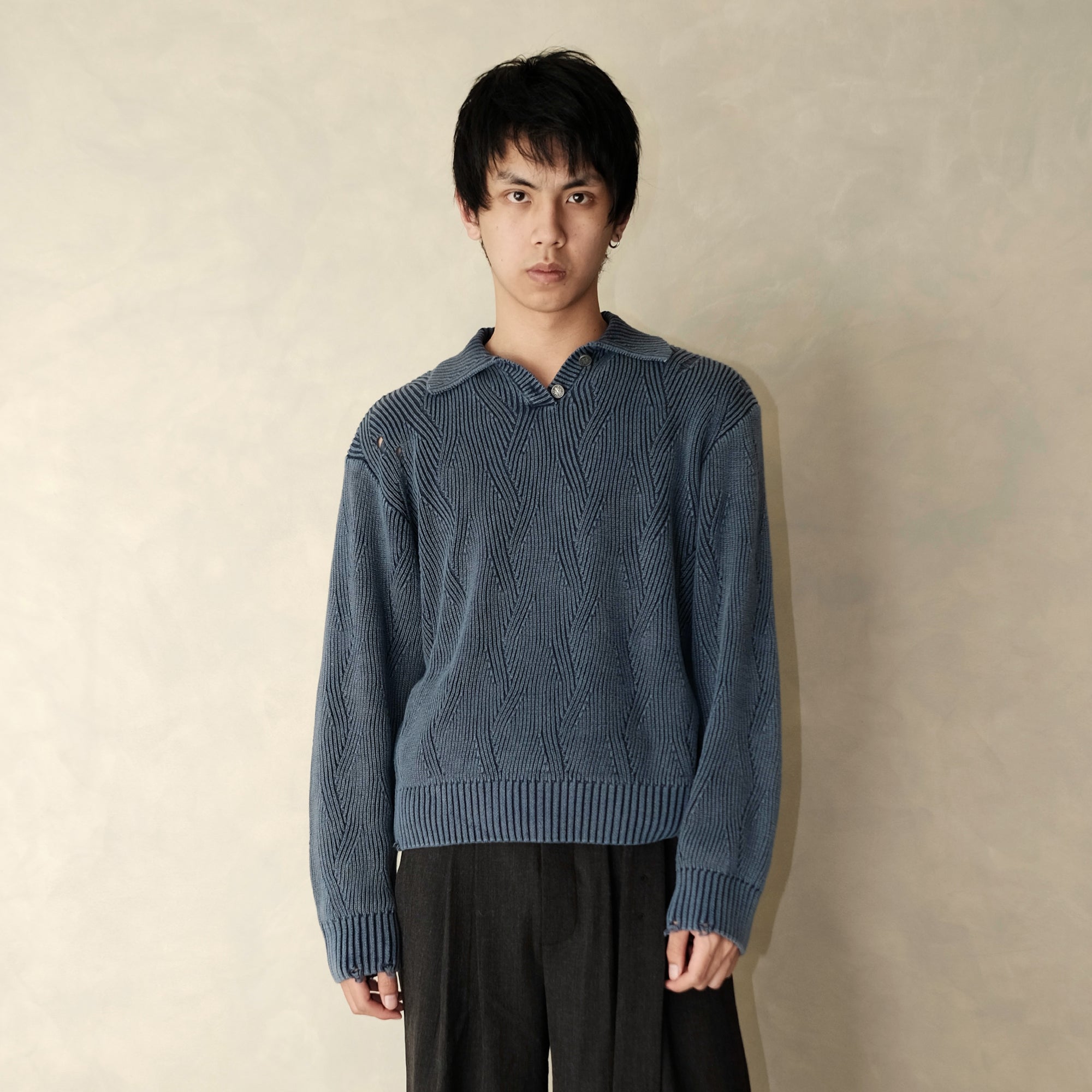 IN EXISTENCE Distressed Chevron Collared Sweater