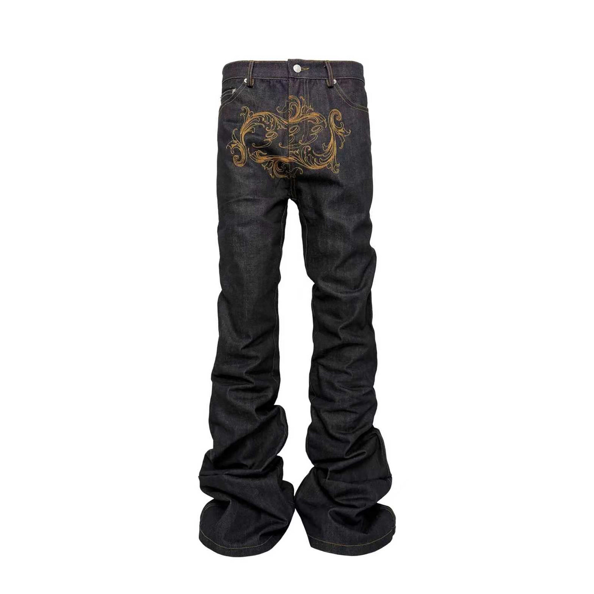 PCCVISION Baroque Embroidered Raw Denim Stacked Jeans