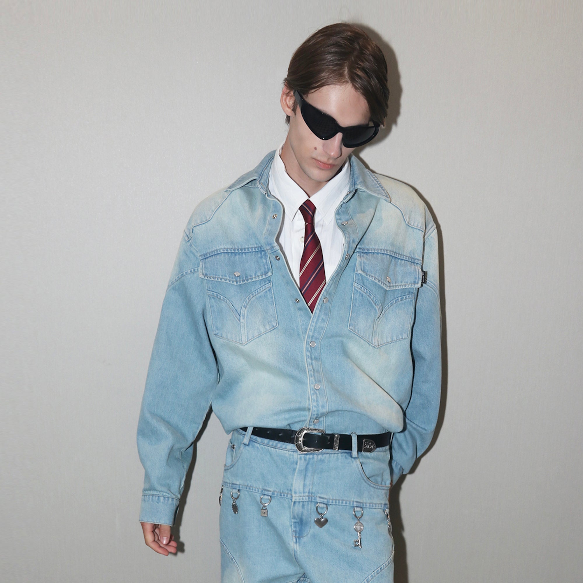 ASSEEN Paneled Washed Western Denim Shirt