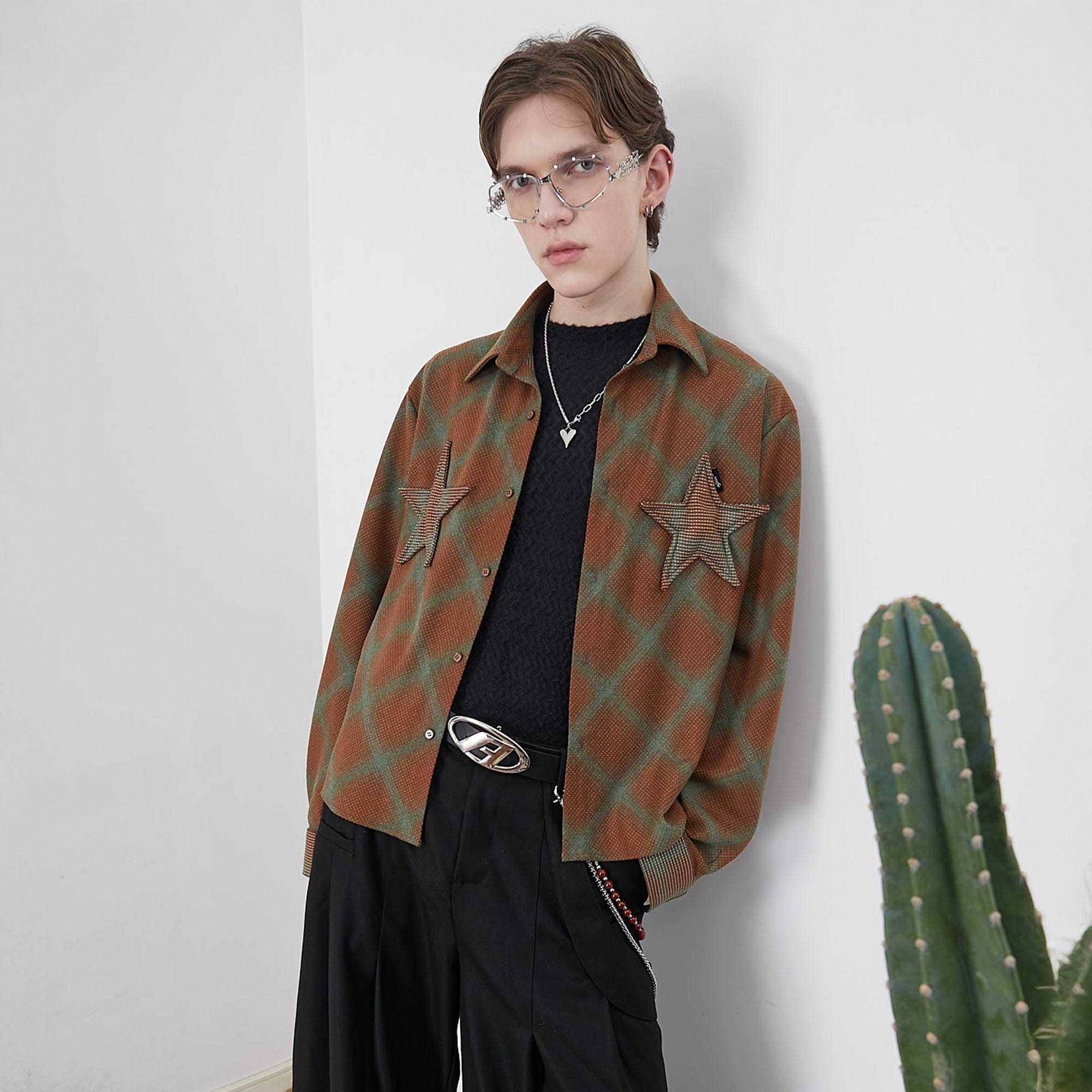 ASSEEN Symmetrical Star Patch Diamond Check Shirt, premium urban and streetwear designers apparel on PROJECTISR.com, ASSEEN