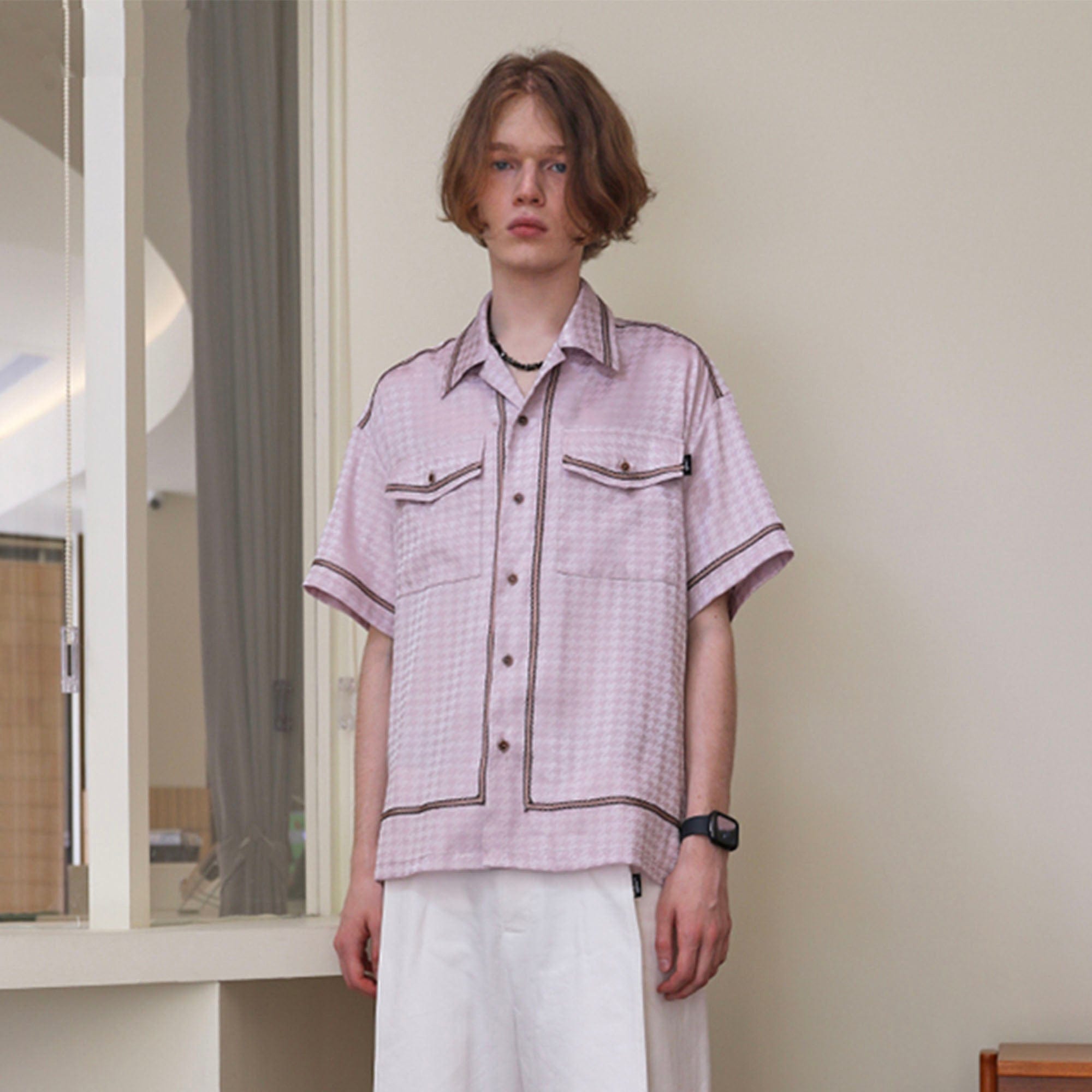 ASSEEN Contrast Piped Glossy Houndstooth Half Shirt, premium urban and streetwear designers apparel on PROJECTISR.com, ASSEEN