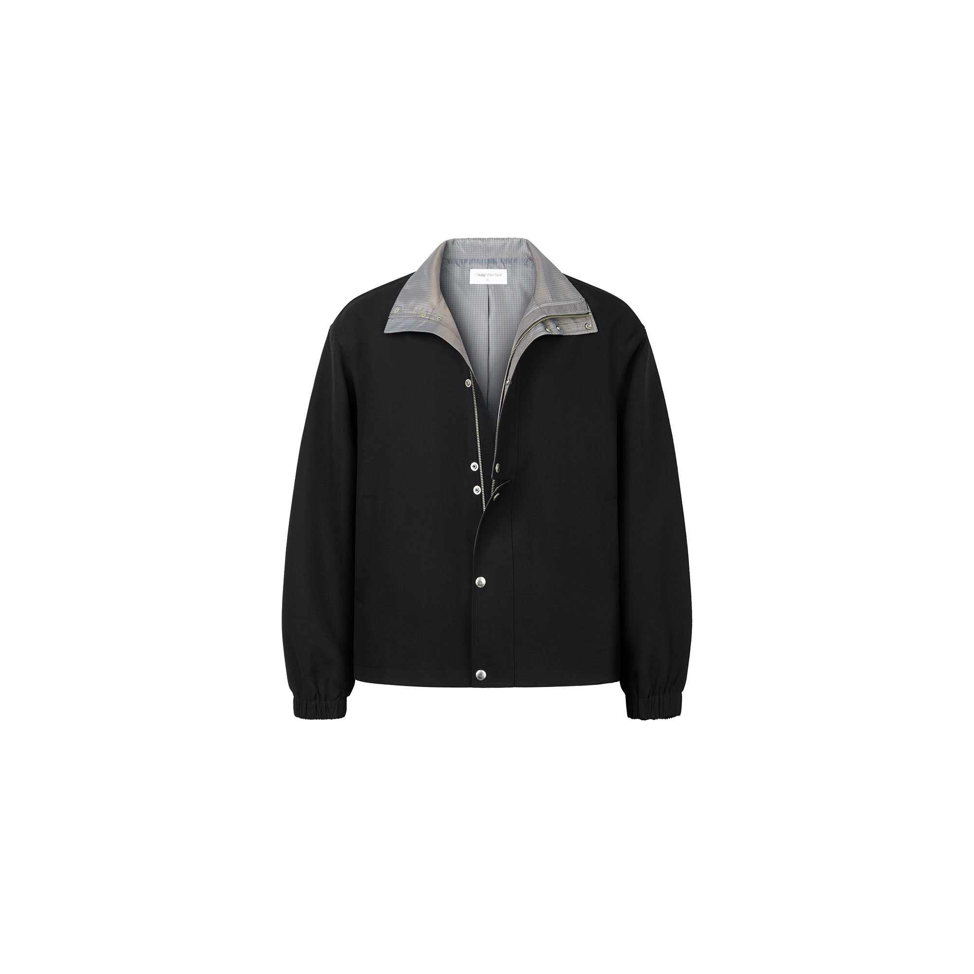 OKAYTHXBYE Glossy Houndstooth-Lined Stand Collar Jacket, premium urban and streetwear designers apparel on PROJECTISR.com, OKAYTHXBYE
