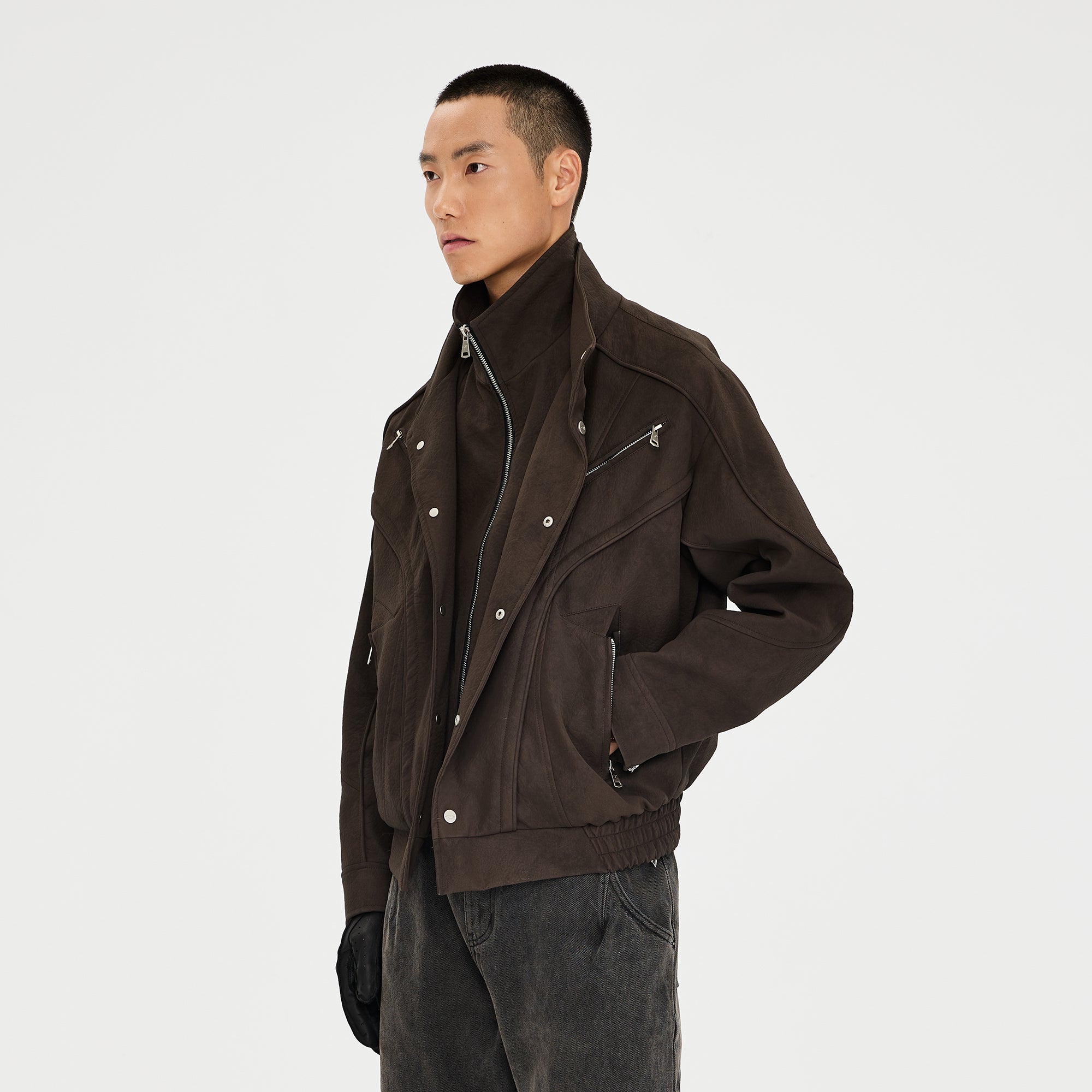CATSSTAC Layered Placket Structured Paneled PU Jacket