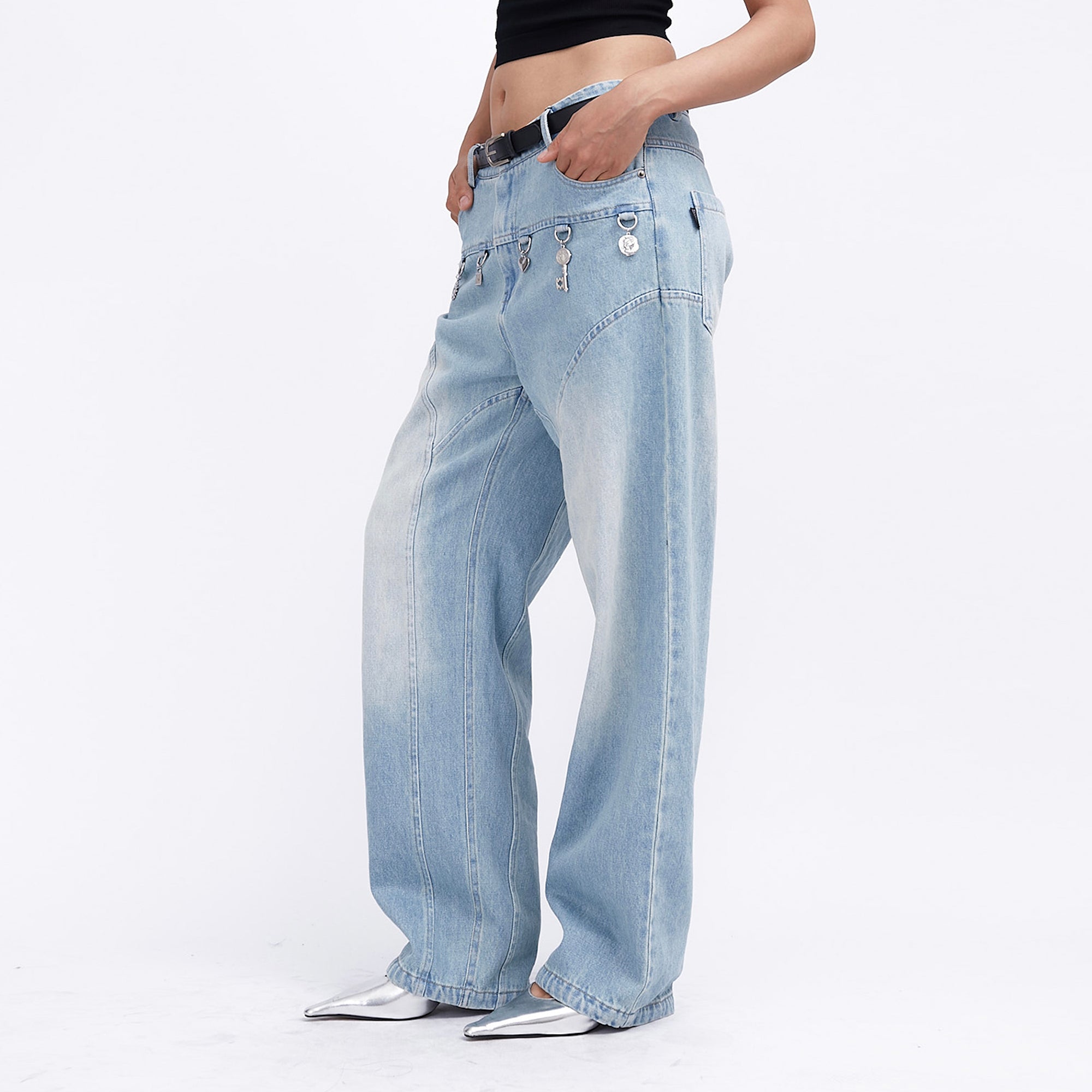 ASSEEN Charm-Trim Washed Paneled Jeans, premium urban and streetwear designers apparel on PROJECTISR.com, ASSEEN