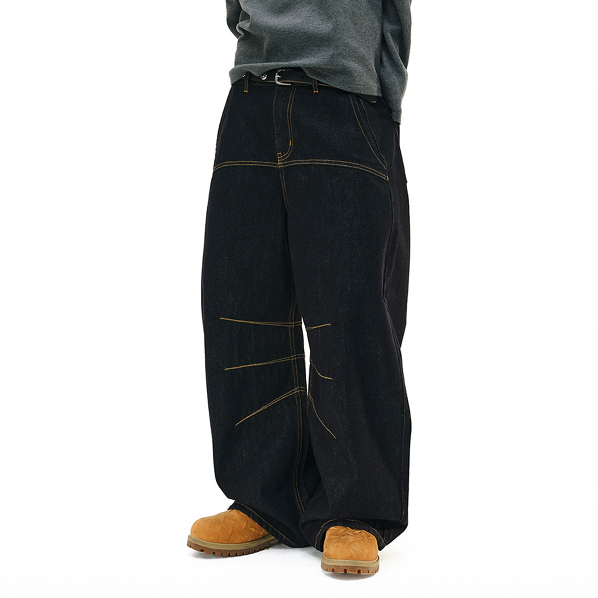 NOVACAM Raw Slub Denim Curved Wide-Leg Jeans
